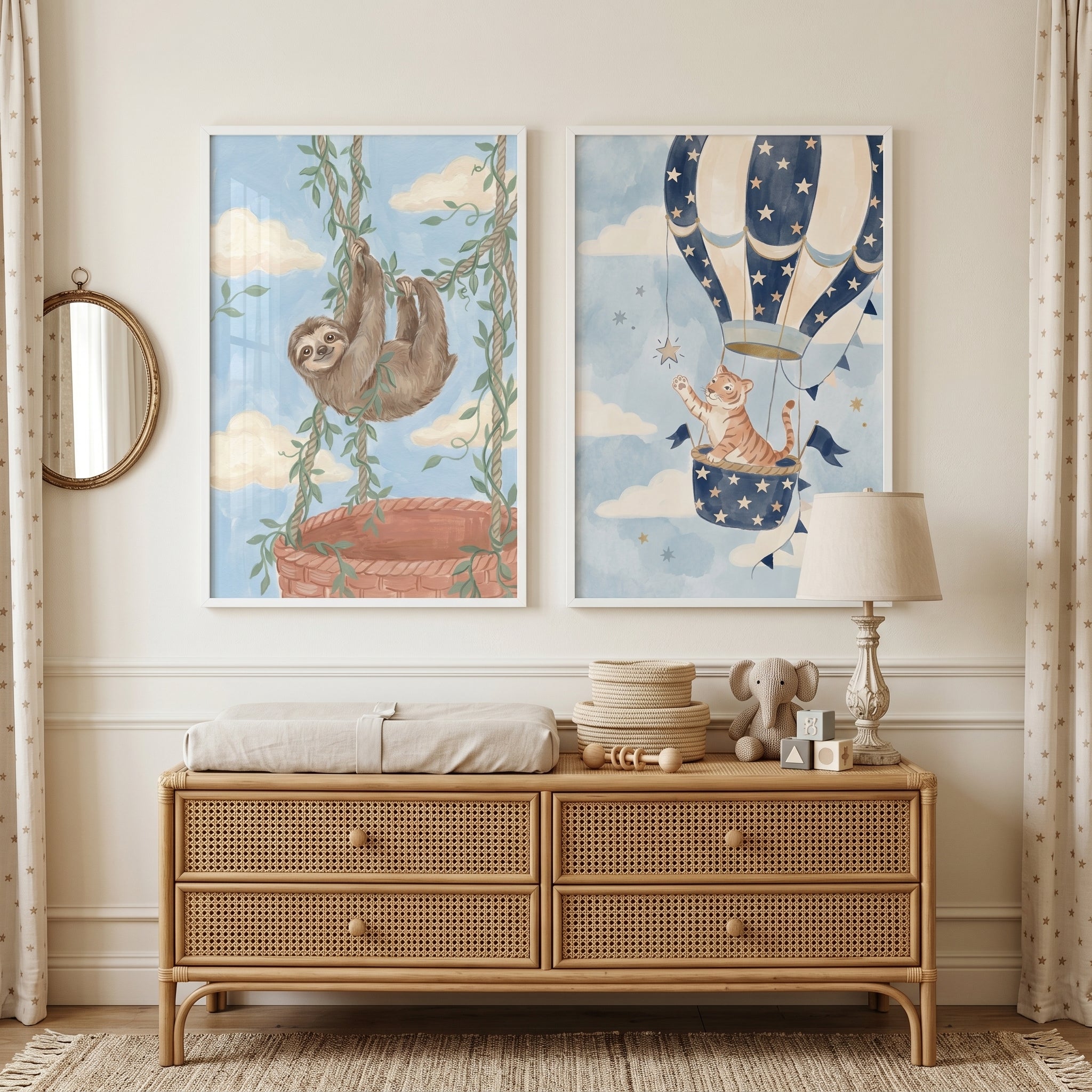 Whimsical Blue Sky Animals Wall Art Set of 2 - Whimsical Sky Safari