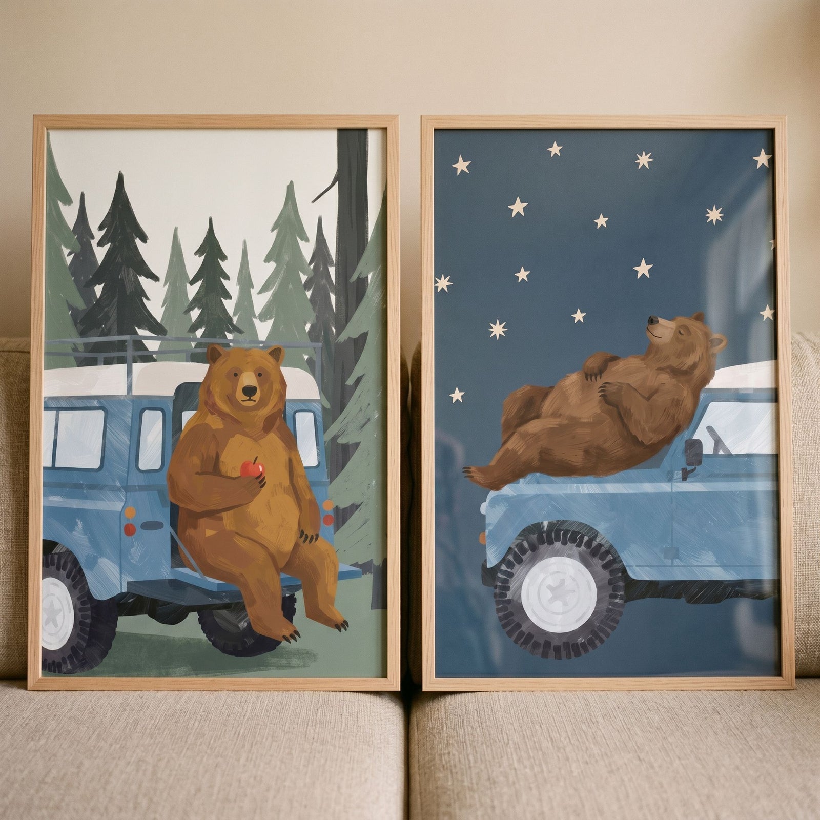Whimsical blue truck bear wall art set of 2 featuring a bear in the back and another resting on the roof under the stars.