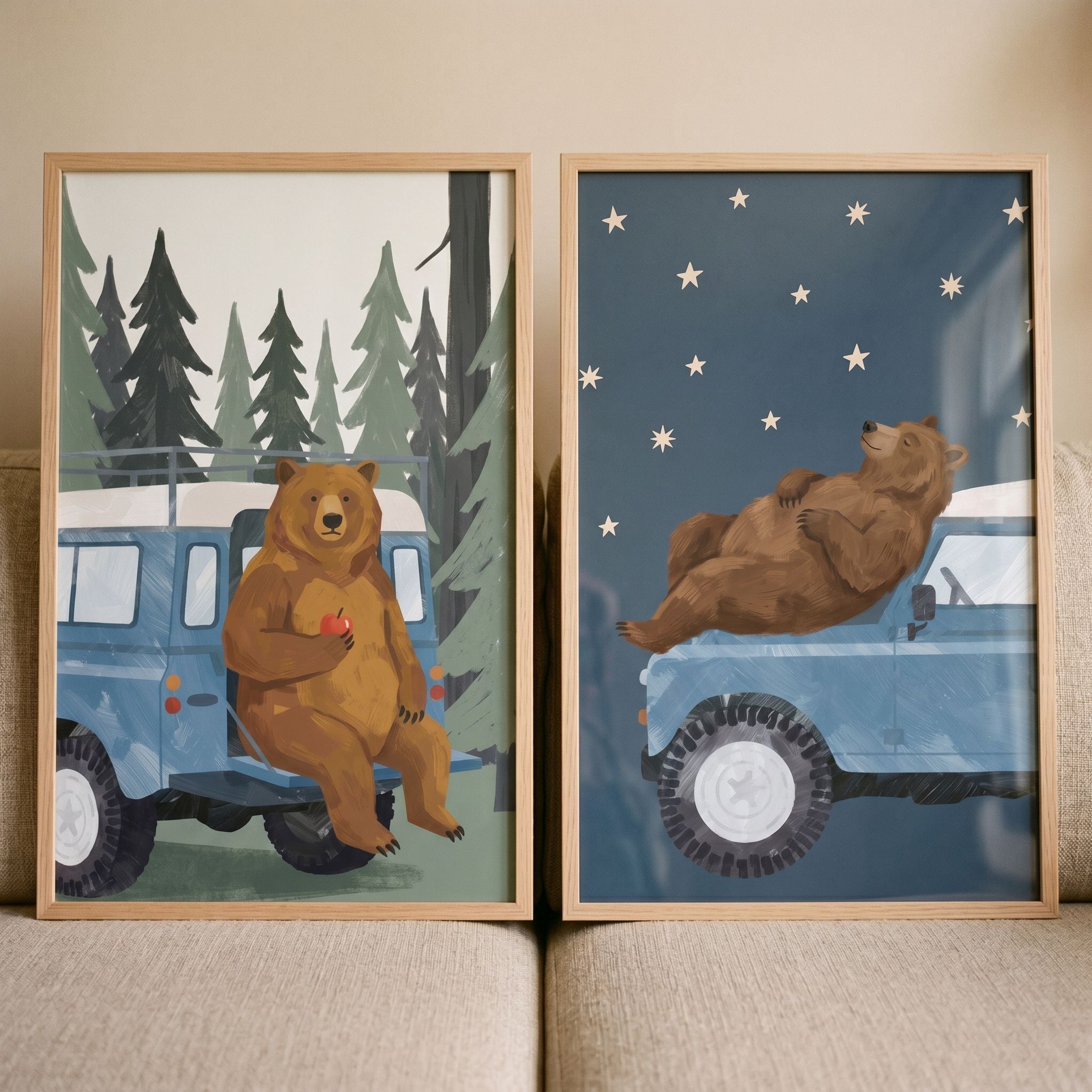 Whimsical Blue Truck Bear Wall Art Set of 2 - Bear's Forest Adventure