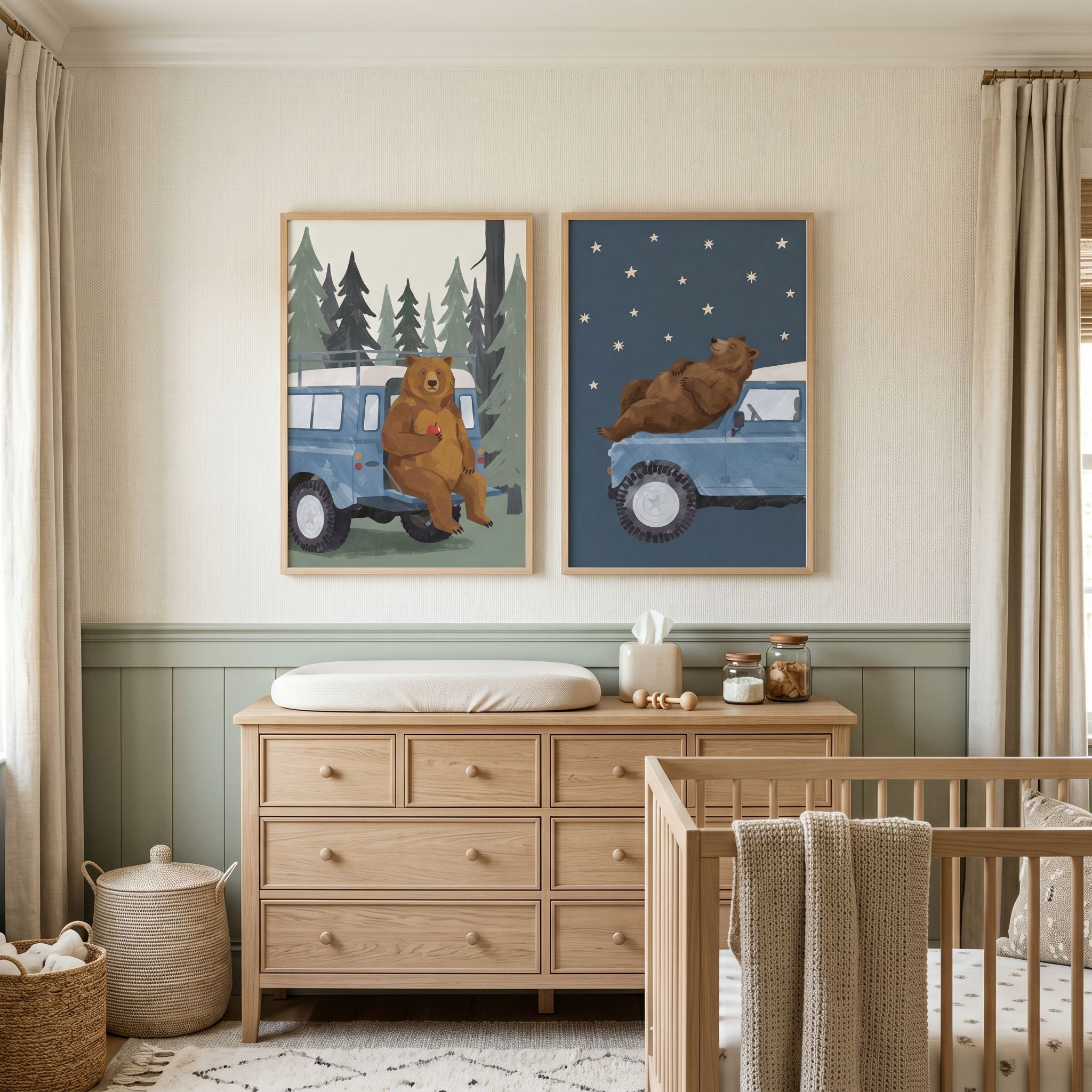 Whimsical Blue Truck Bear Wall Art Set of 2 - Bear's Forest Adventure
