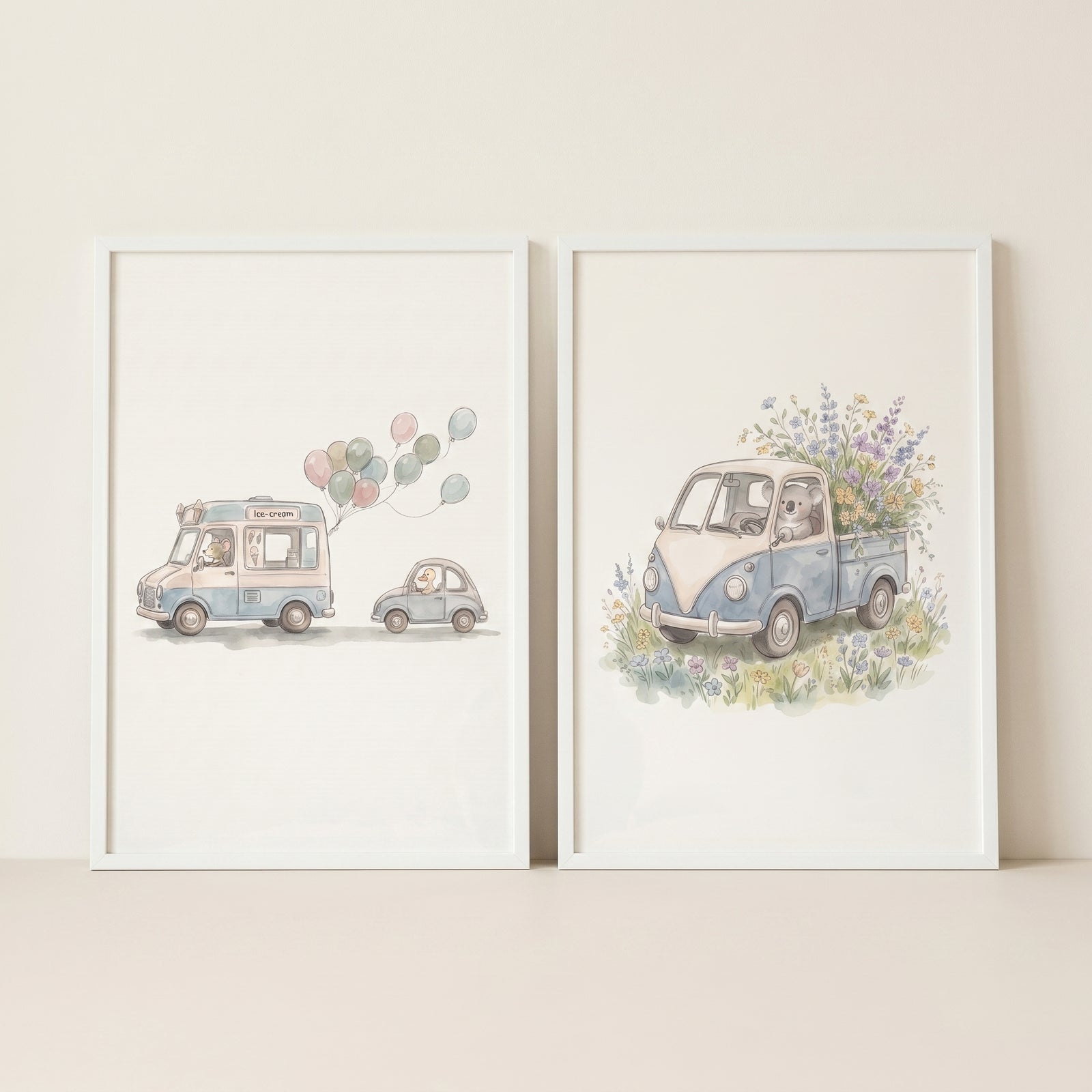 Whimsical blue vehicle animals wall art set of 2 shows watercolor trucks with a koala, dogs, flowers, and balloons.