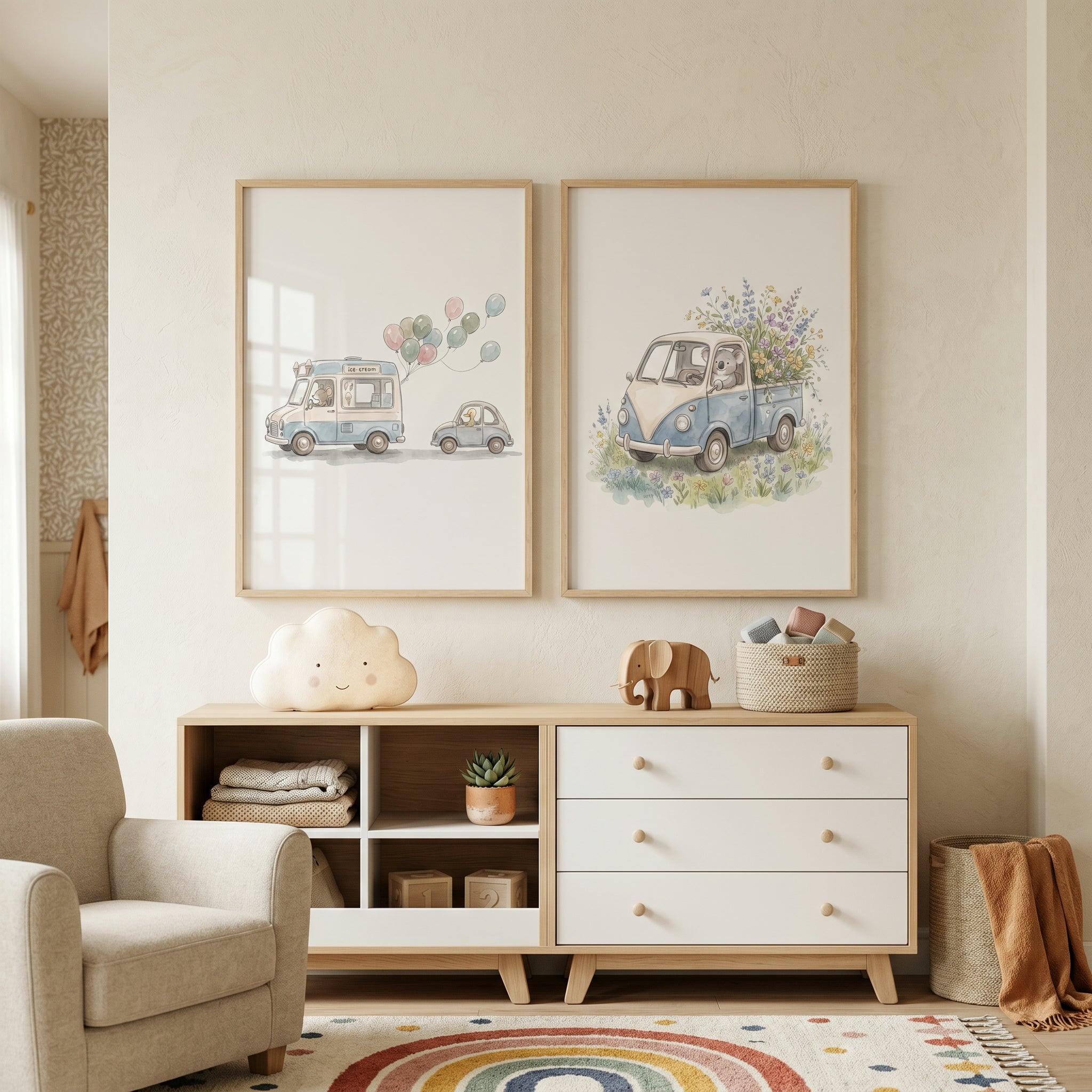 Whimsical Blue Vehicle Animals Wall Art Set of 2 - Sweet Summer Drives
