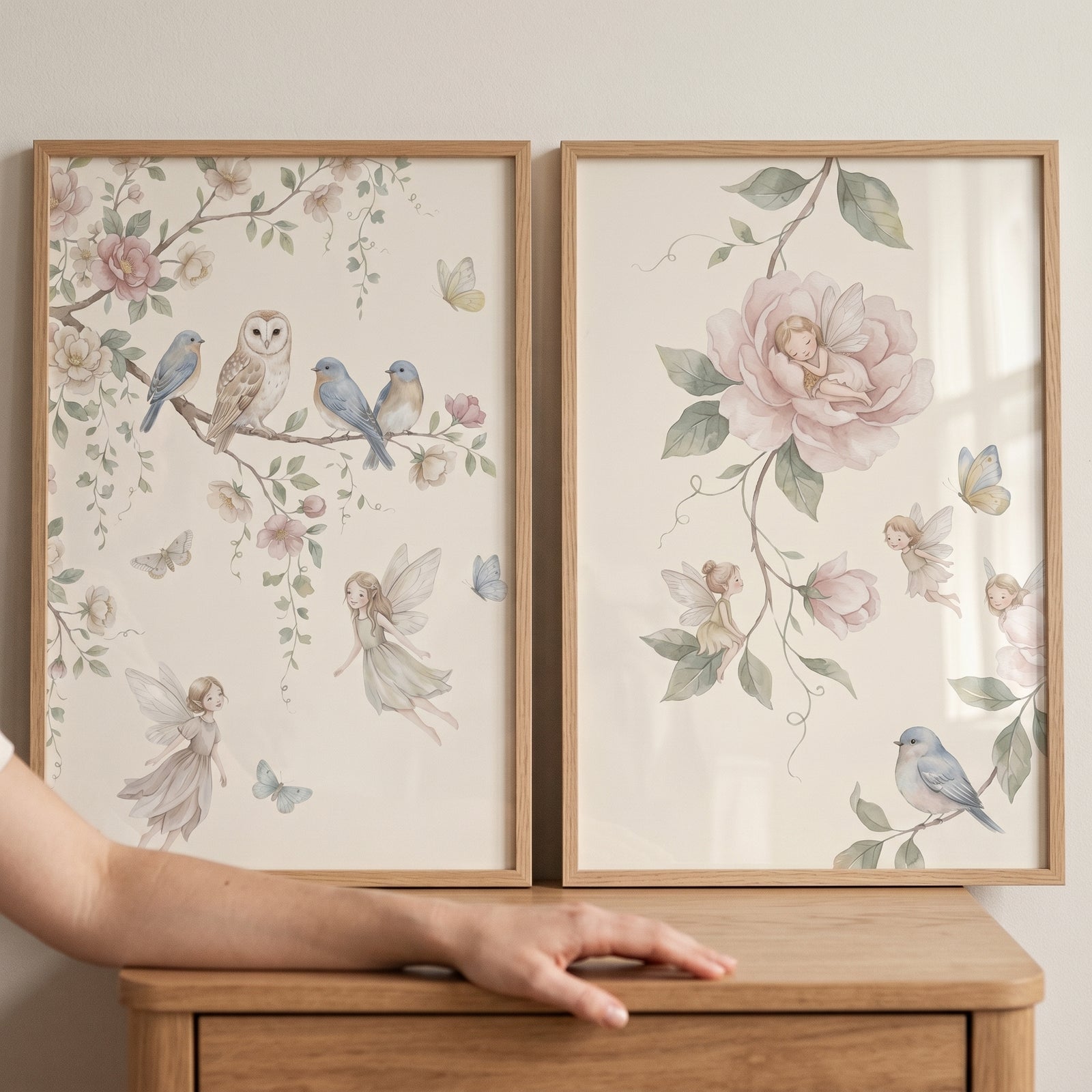 Whimsical bluebird garden fairies wall art set of 2 in wood frames, showing watercolor birds, an owl, and winged fairies.