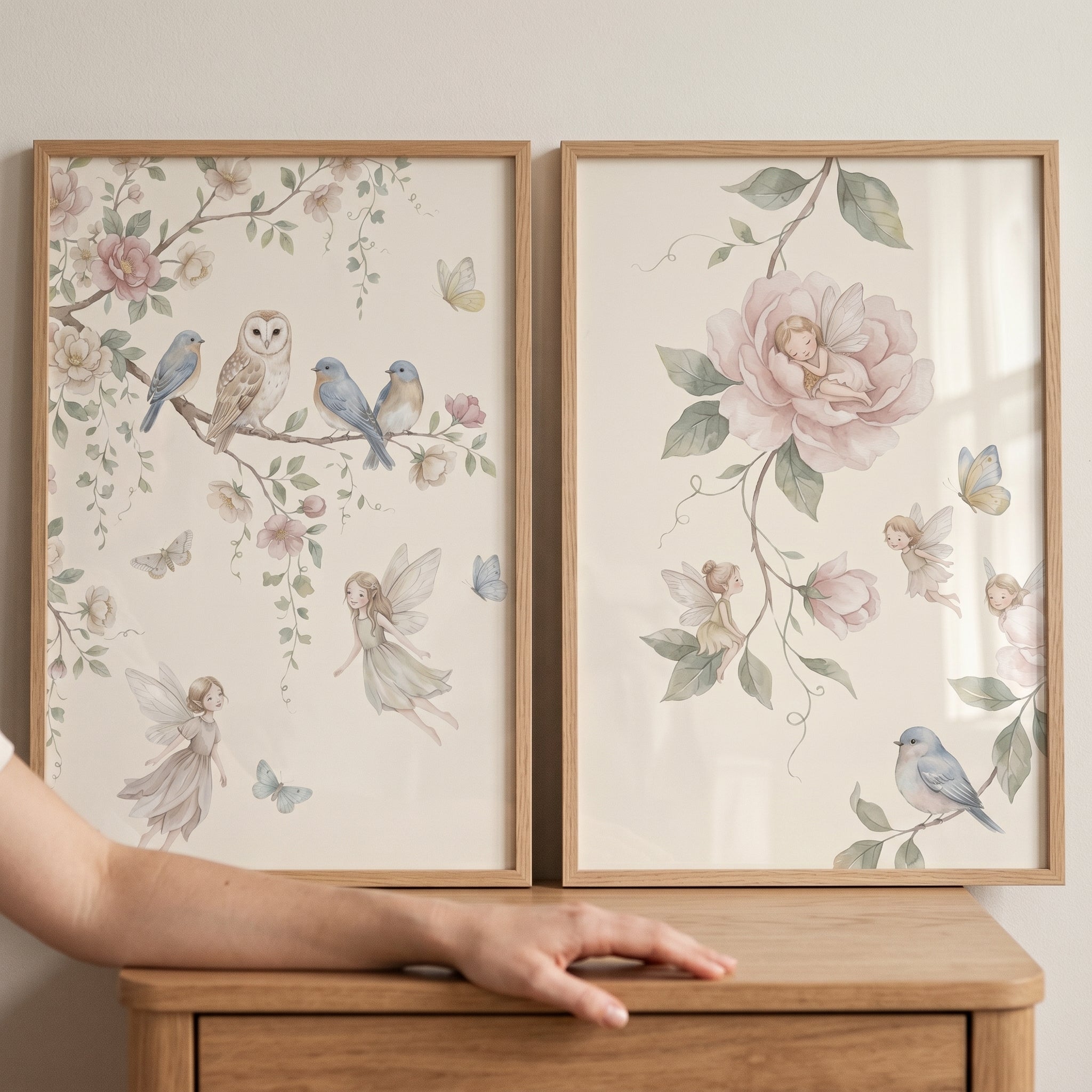Whimsical Bluebird Garden Fairies Wall Art Set of 2 - Pastel Fairy Dreams