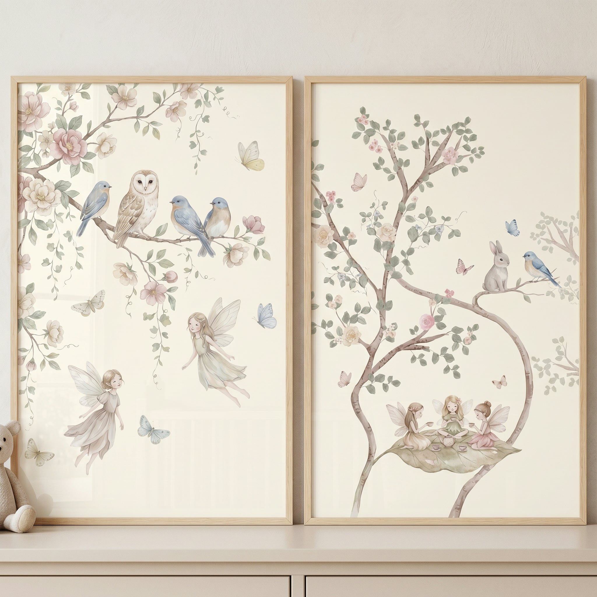 Whimsical Blush Blossom Fairies Wall Art Set of 2 - Enchanted Fairy Garden