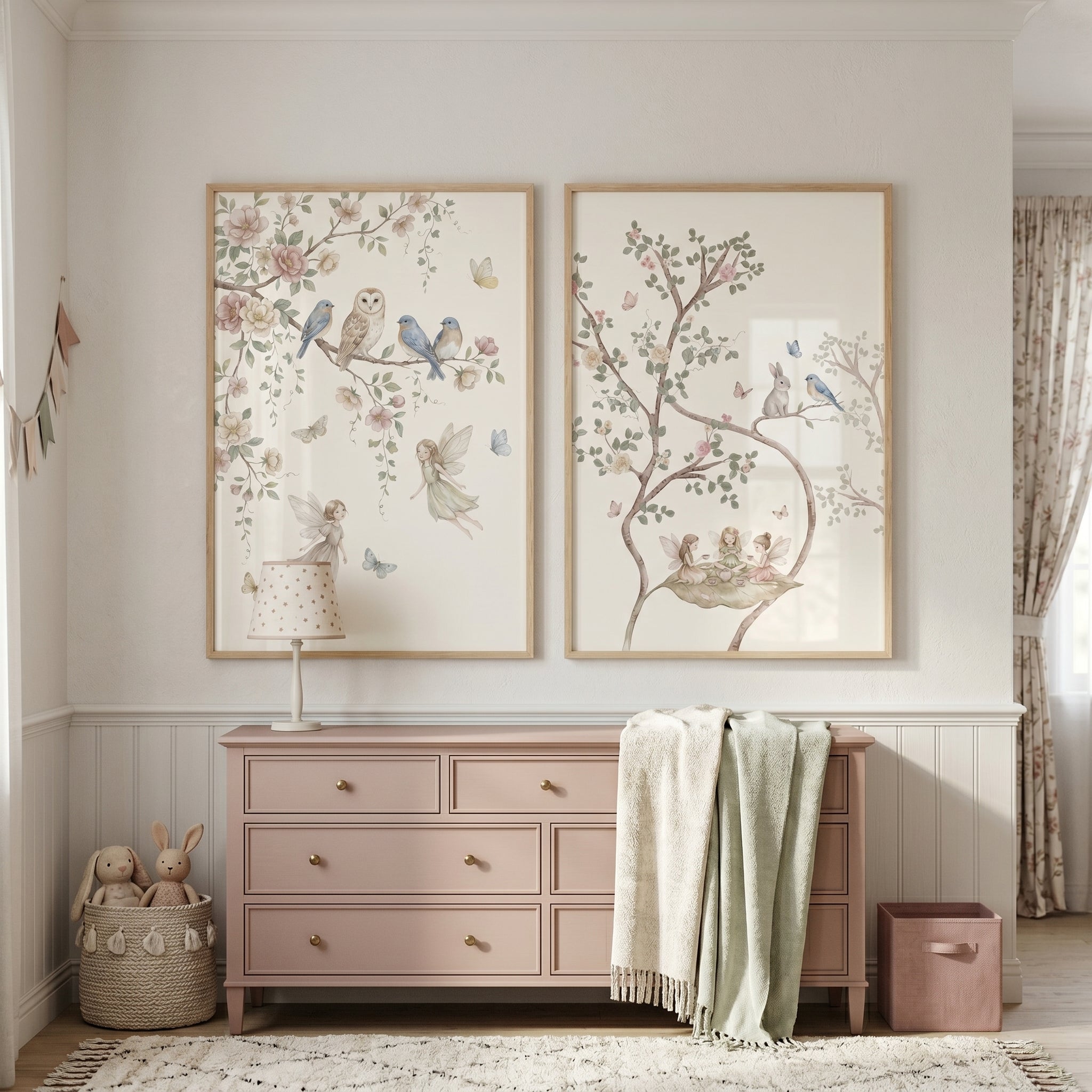Whimsical Blush Blossom Fairies Wall Art Set of 2 - Enchanted Fairy Garden