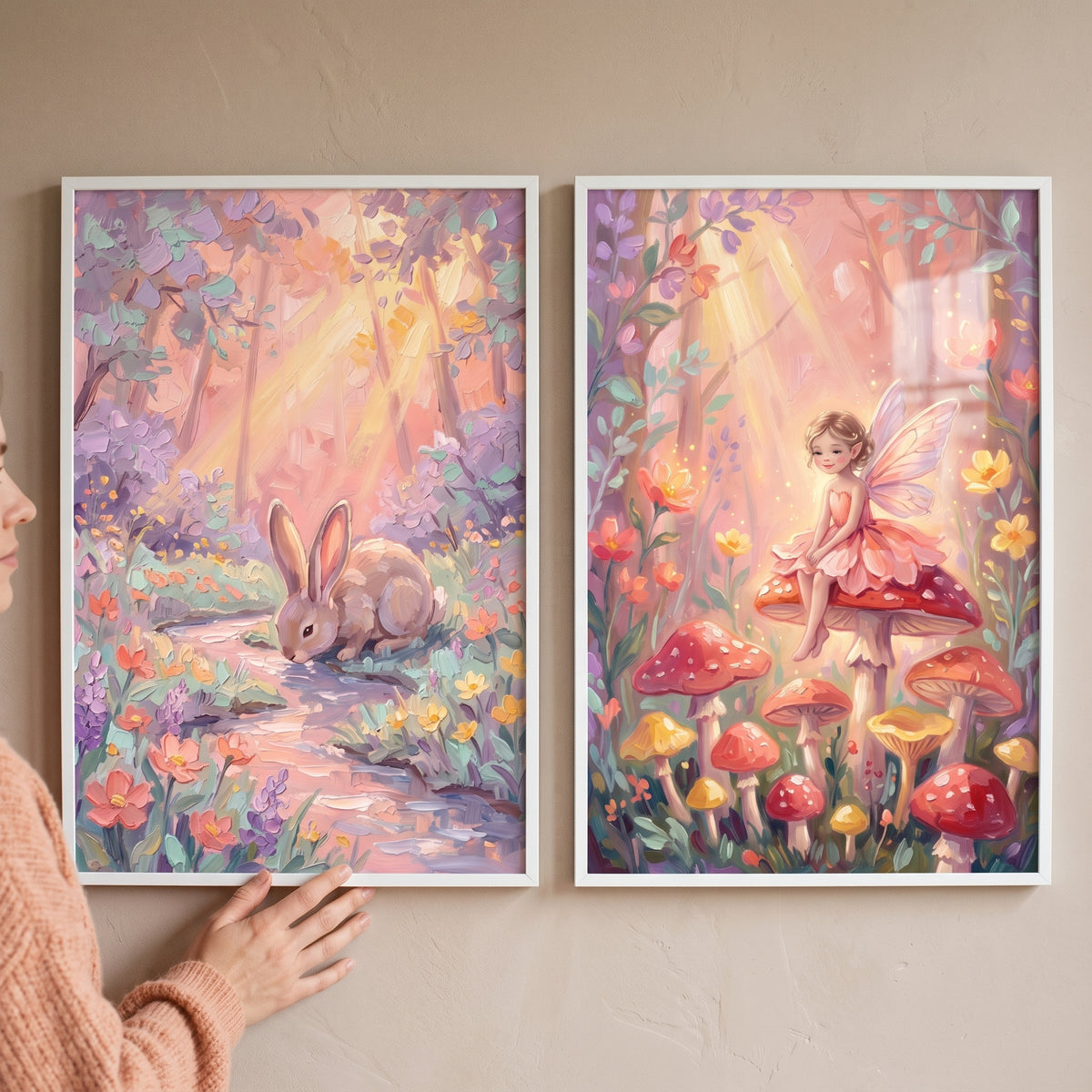 Whimsical blush fantasy woodland wall art set of 2 featuring a bunny by a stream and a fairy on a mushroom.