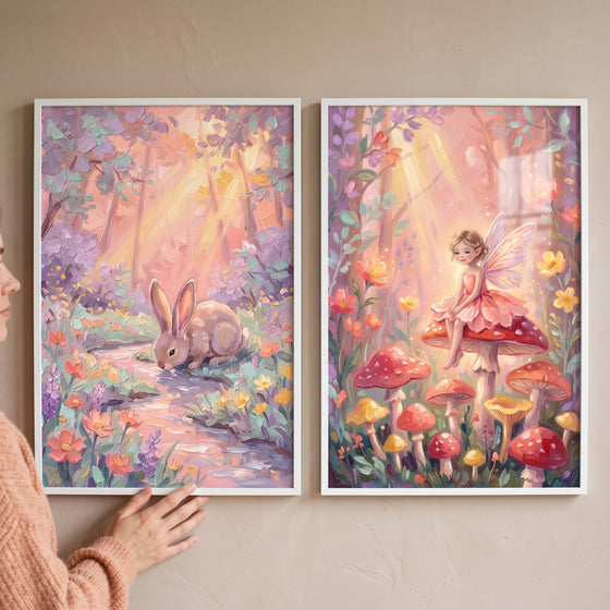 Whimsical blush fantasy woodland wall art set of 2 featuring a bunny by a stream and a fairy on a mushroom.