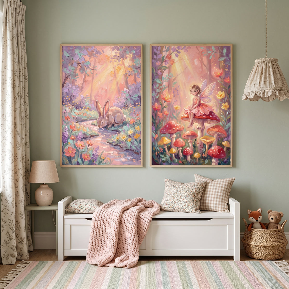 Whimsical Blush Fantasy Woodland Wall Art Set of 2 - Enchanted Forest Dreams