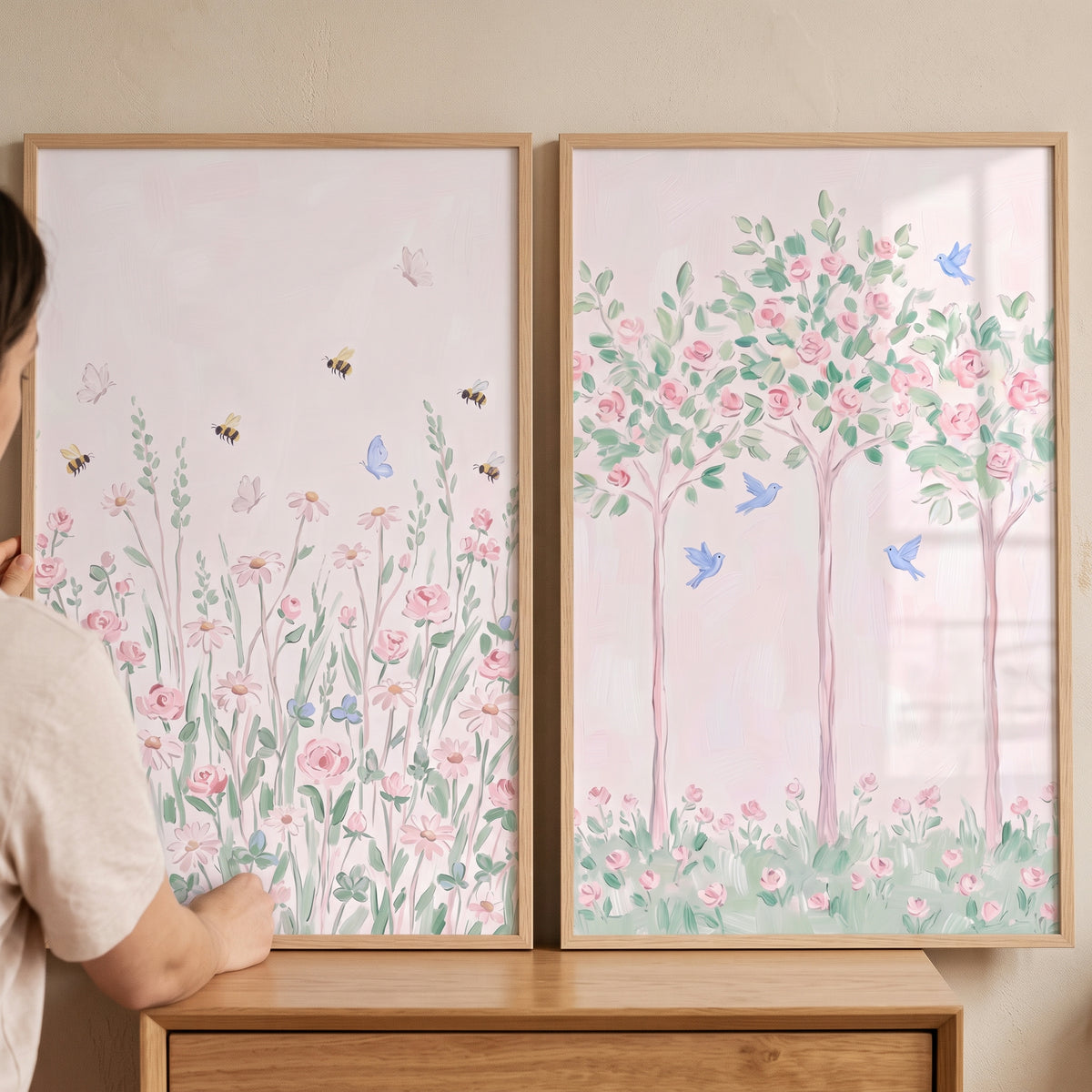 Whimsical Blush Garden Wall Art Set of 2 - Springtime Blossom Duo