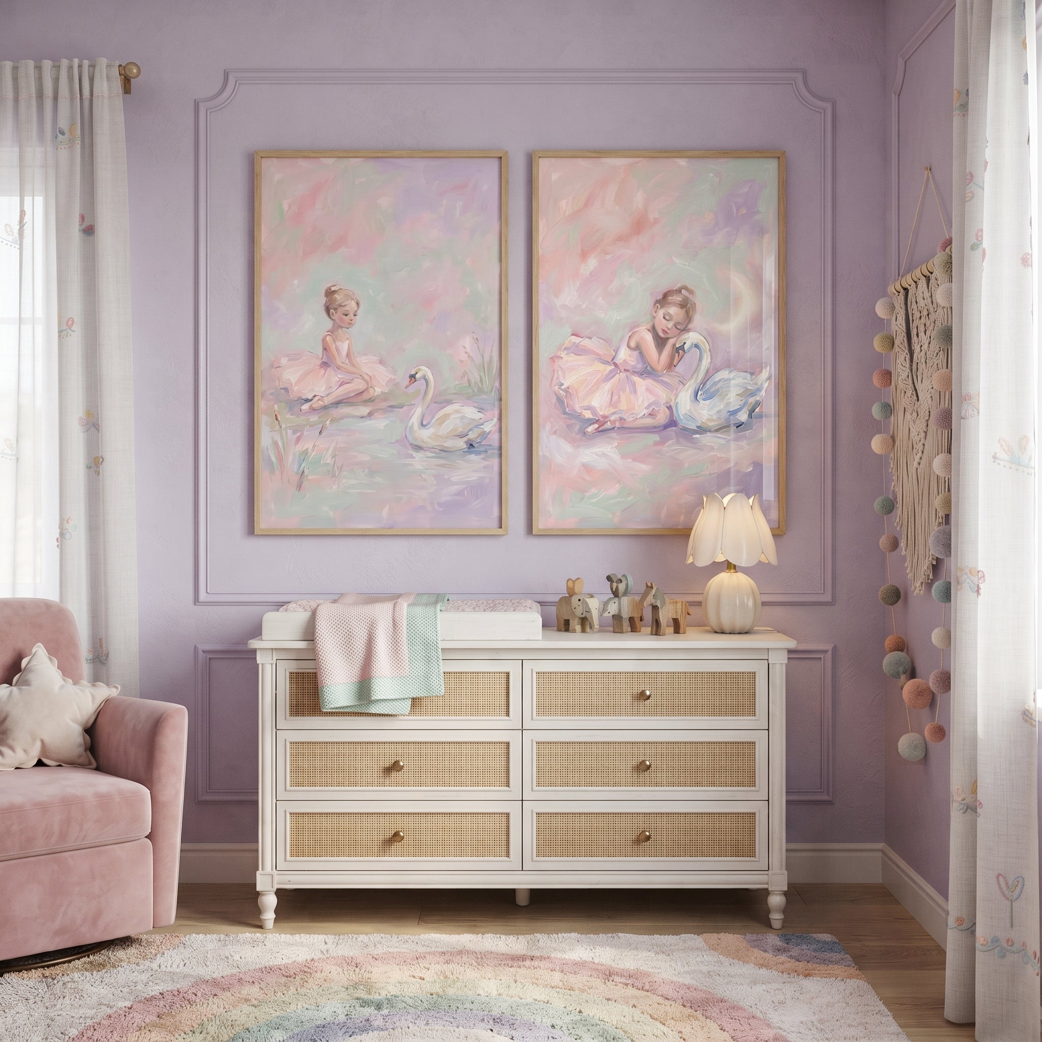 Whimsical Blush Swan Ballet Wall Art Set of 2 - Pastel Lake Ballet