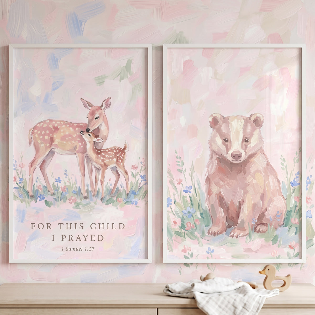 Whimsical Blush Woodland Animals Wall Art Set of 2 - Soft Nursery Prayer
