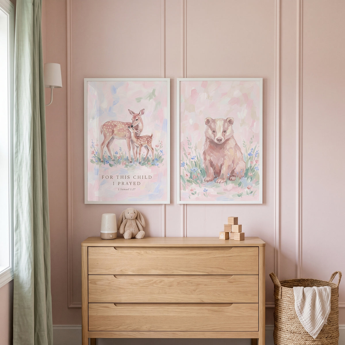 Whimsical Blush Woodland Animals Wall Art Set of 2 - Soft Nursery Prayer