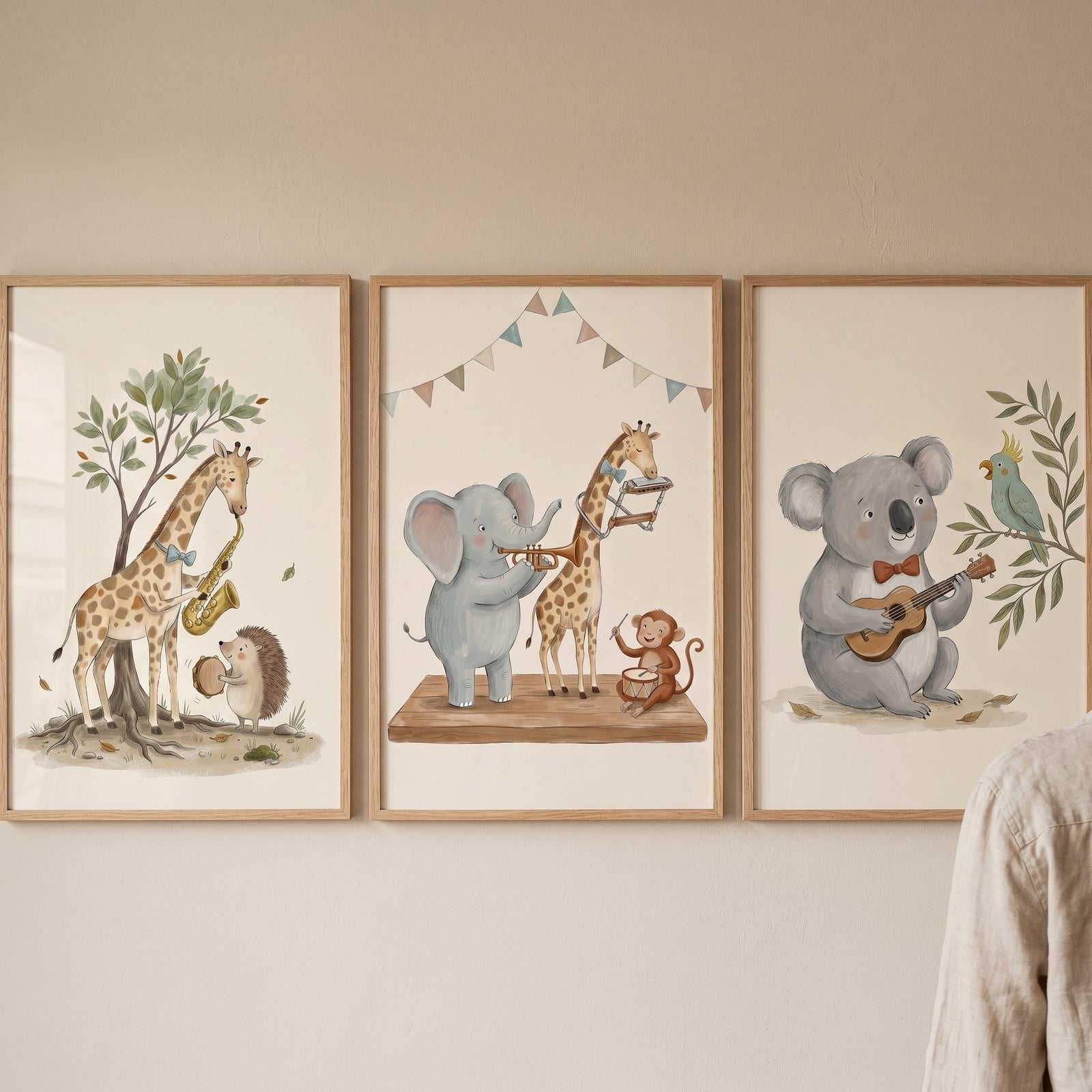 Whimsical bohemian musical animals wall art set of 3 featuring a giraffe, elephant, monkey, and koala playing instruments.