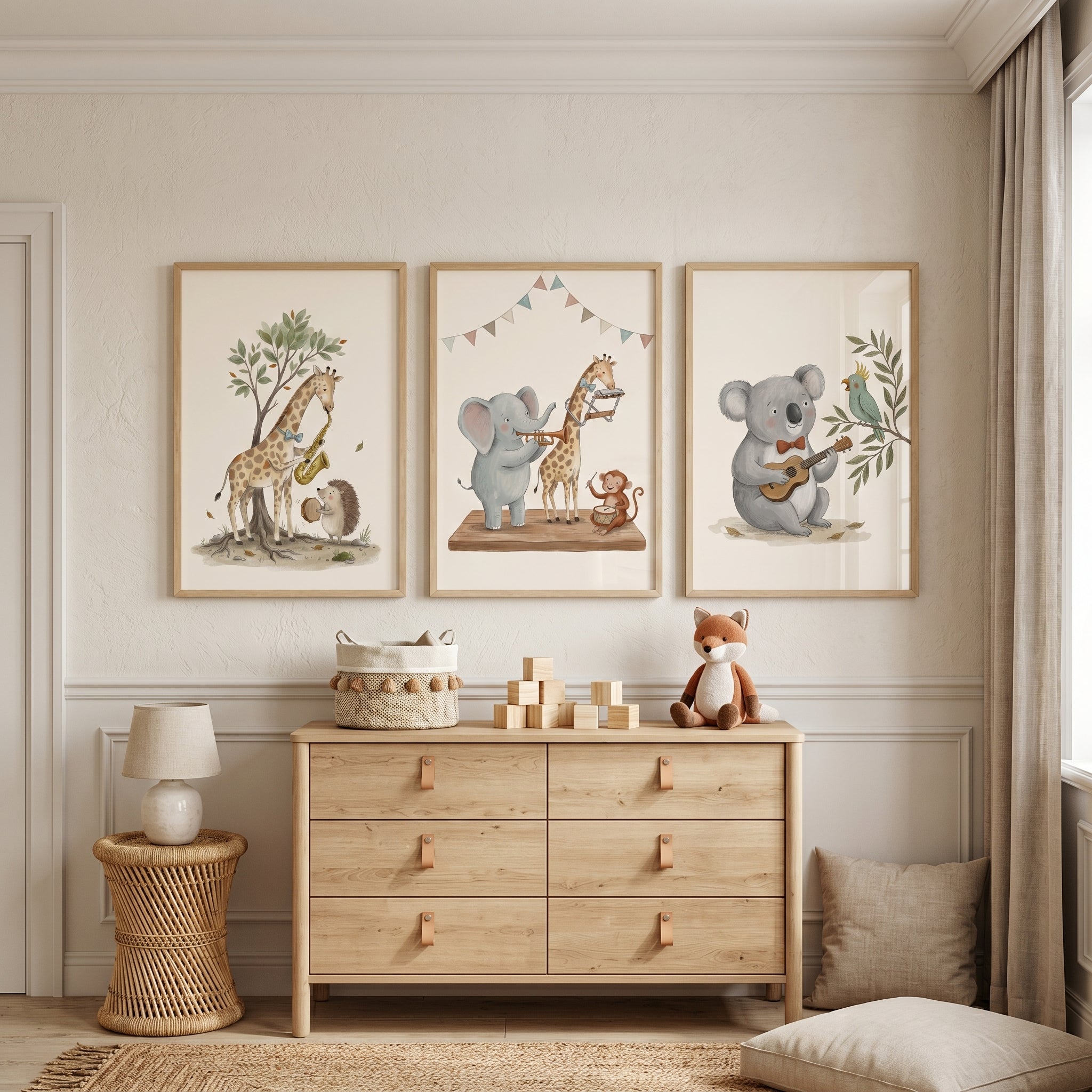 Whimsical Bohemian Musical Animals Wall Art Set Of 3 - Whimsical Jungle Band