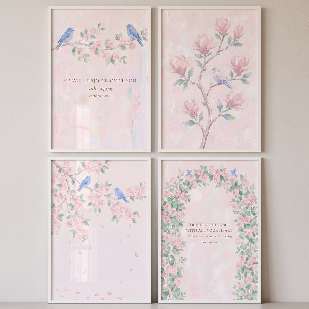 Whimsical Botanical Blue Bird Wall Art Set of 4 - Floral Grace Verses
