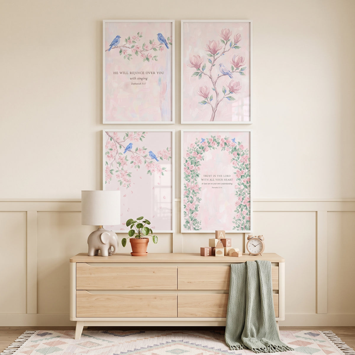 Whimsical Botanical Blue Bird Wall Art Set of 4 - Floral Grace Verses