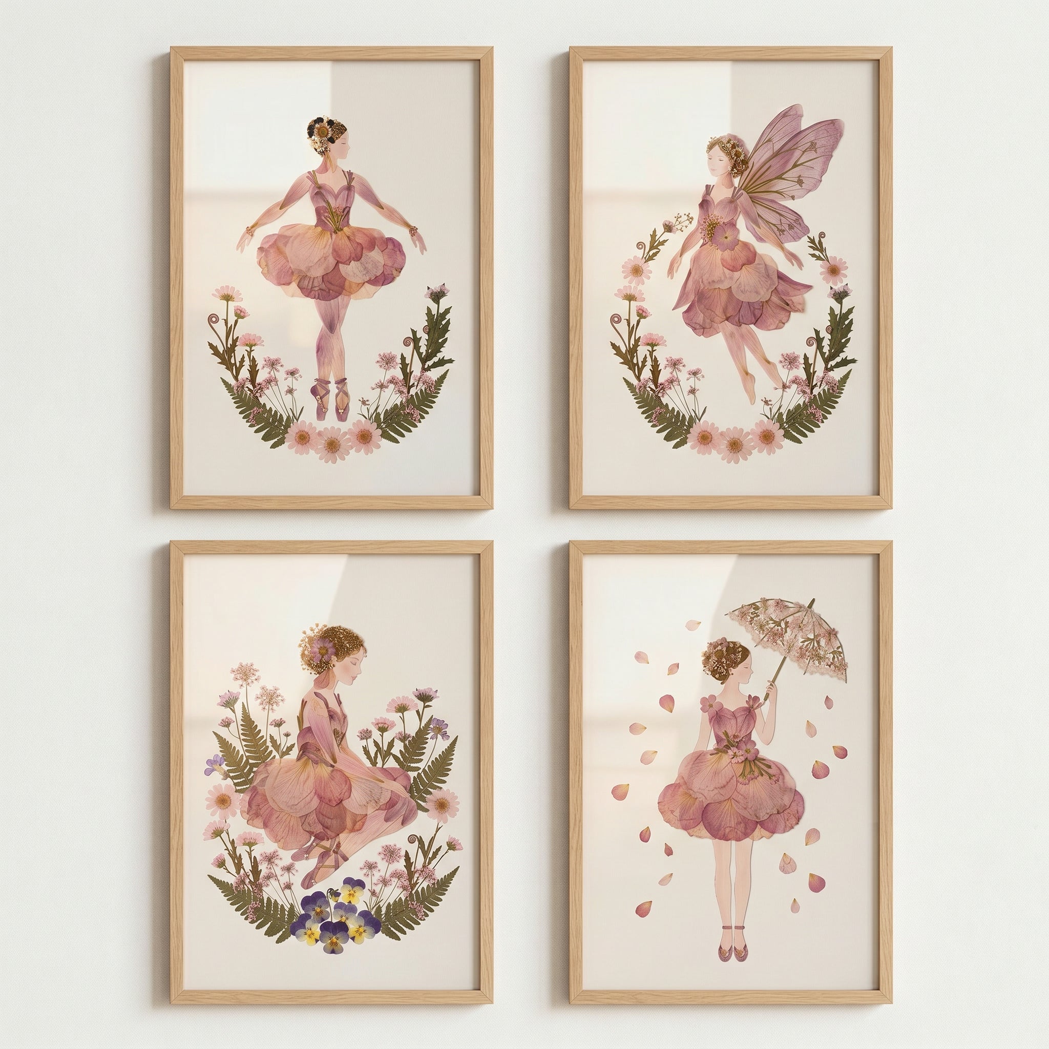 Whimsical Botanical Petal Girl Wall Art Set of 4 - Petal Fairy Blossoms