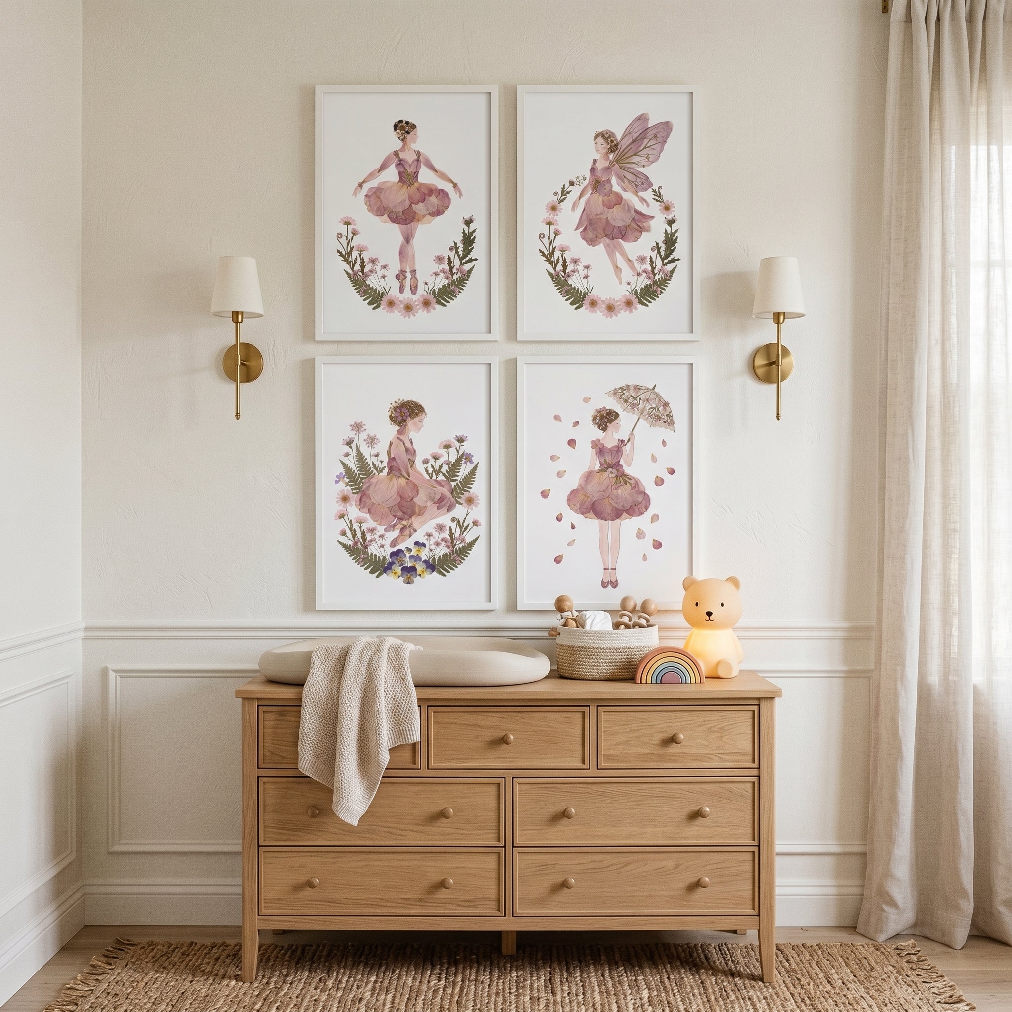 Whimsical Botanical Petal Girl Wall Art Set of 4 - Petal Fairy Blossoms