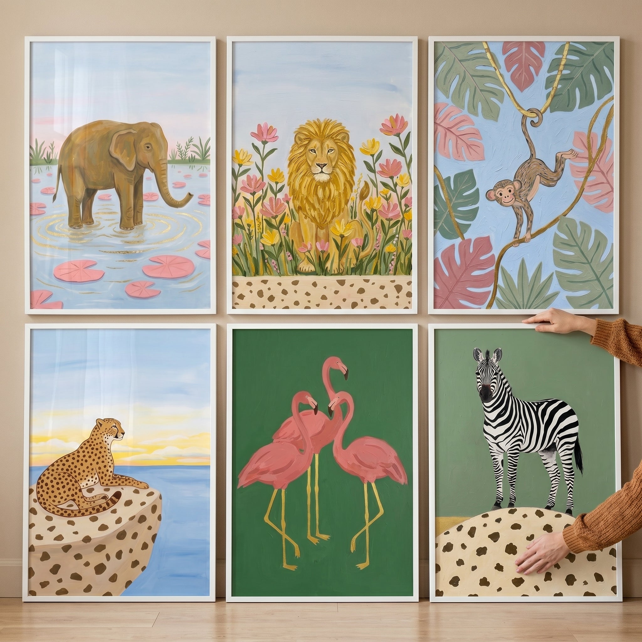 Whimsical Botanical Safari Animals Wall Art Set Of 6 - Vibrant Wild Kingdom