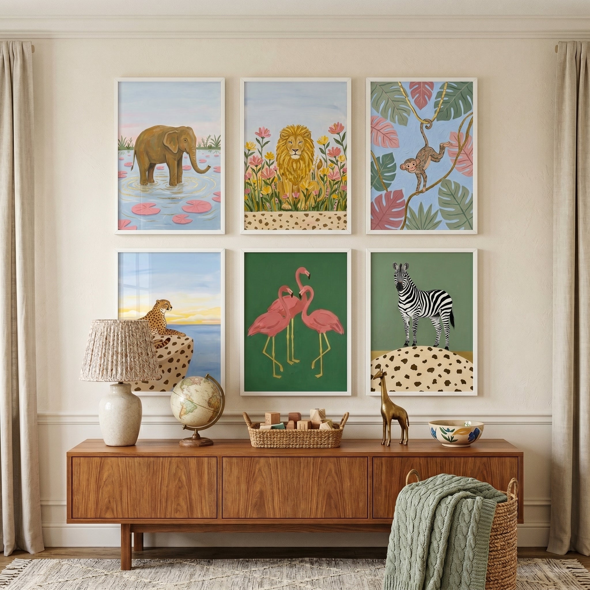 Whimsical Botanical Safari Animals Wall Art Set Of 6 - Vibrant Wild Kingdom