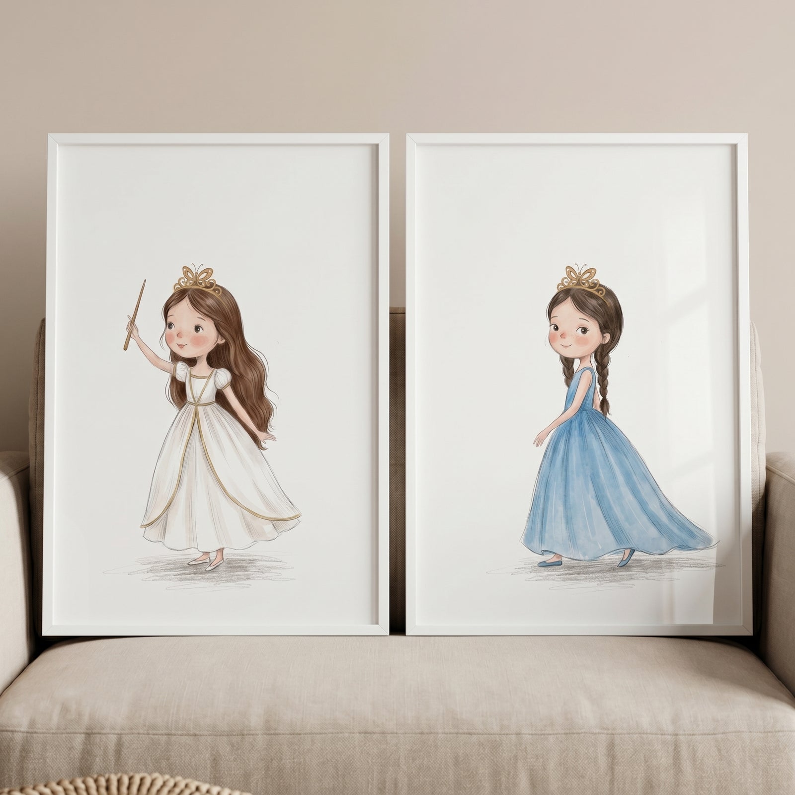 Whimsical butterfly crown princess wall art set of 2 featuring two framed prints of girls in blue and white gowns.
