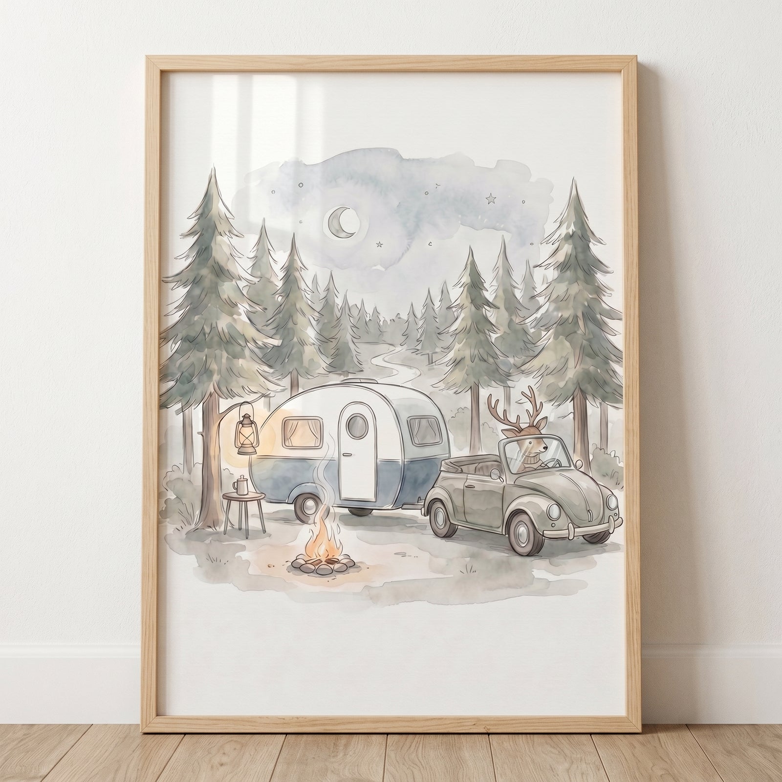 Whimsical camping driving deer wall art depicts a deer in a car towing a camper through a moonlit pine forest.