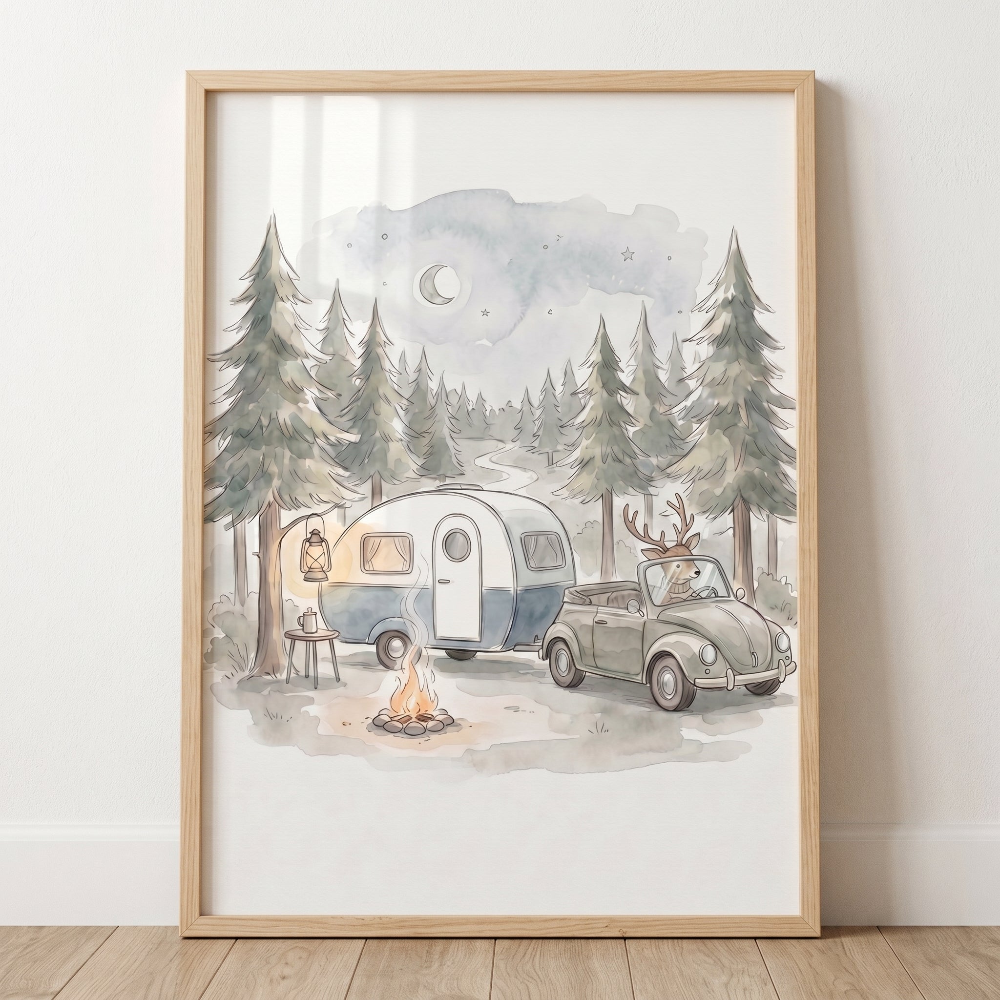 Whimsical Camping Driving Deer Wall Art - Starlit Forest Journey