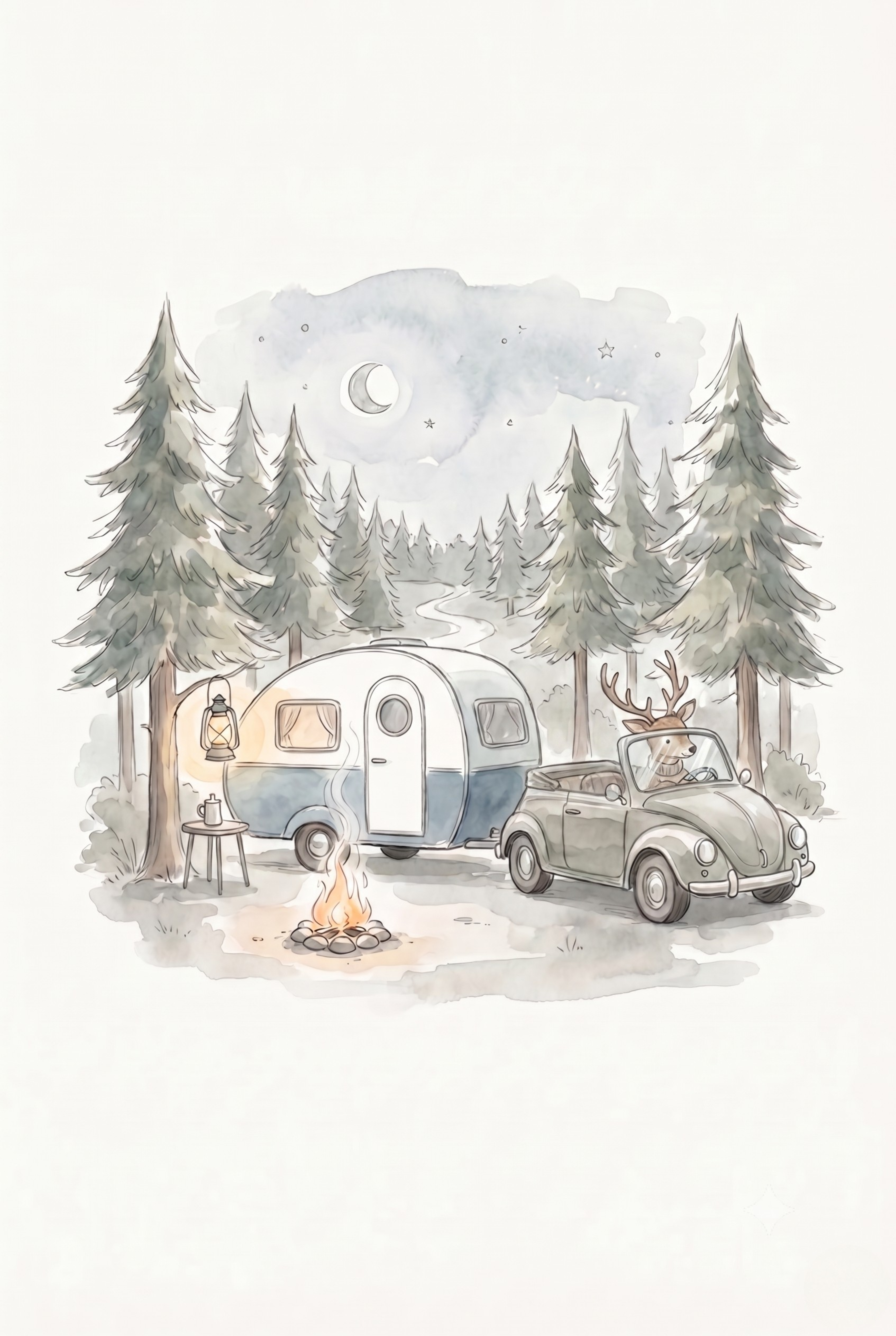 Whimsical Camping Driving Deer Wall Art - Starlit Forest Journey