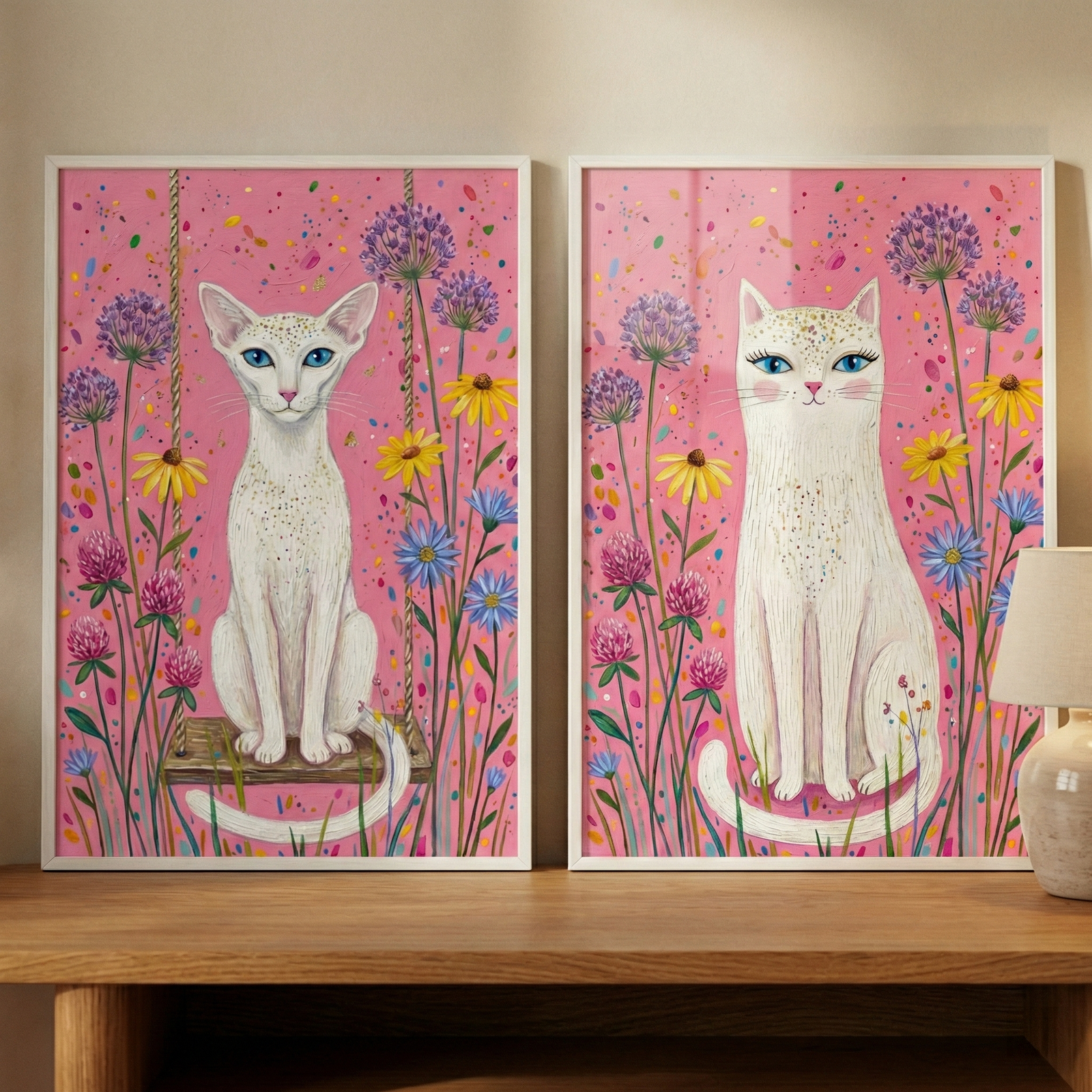 Two framed pieces of art displayed on a wooden surface show stylized white cats against bright pink backgrounds. Both cats have blue eyes and gold-speckled fur, surrounded by colorful wildflowers in shades of purple, yellow, and blue. On the left, a cat sits on a rustic wooden swing. On the right, a cat with long eyelashes sits with its tail curled forward. The background features playful, multicolored speckles. A lamp base is partially visible on the right.