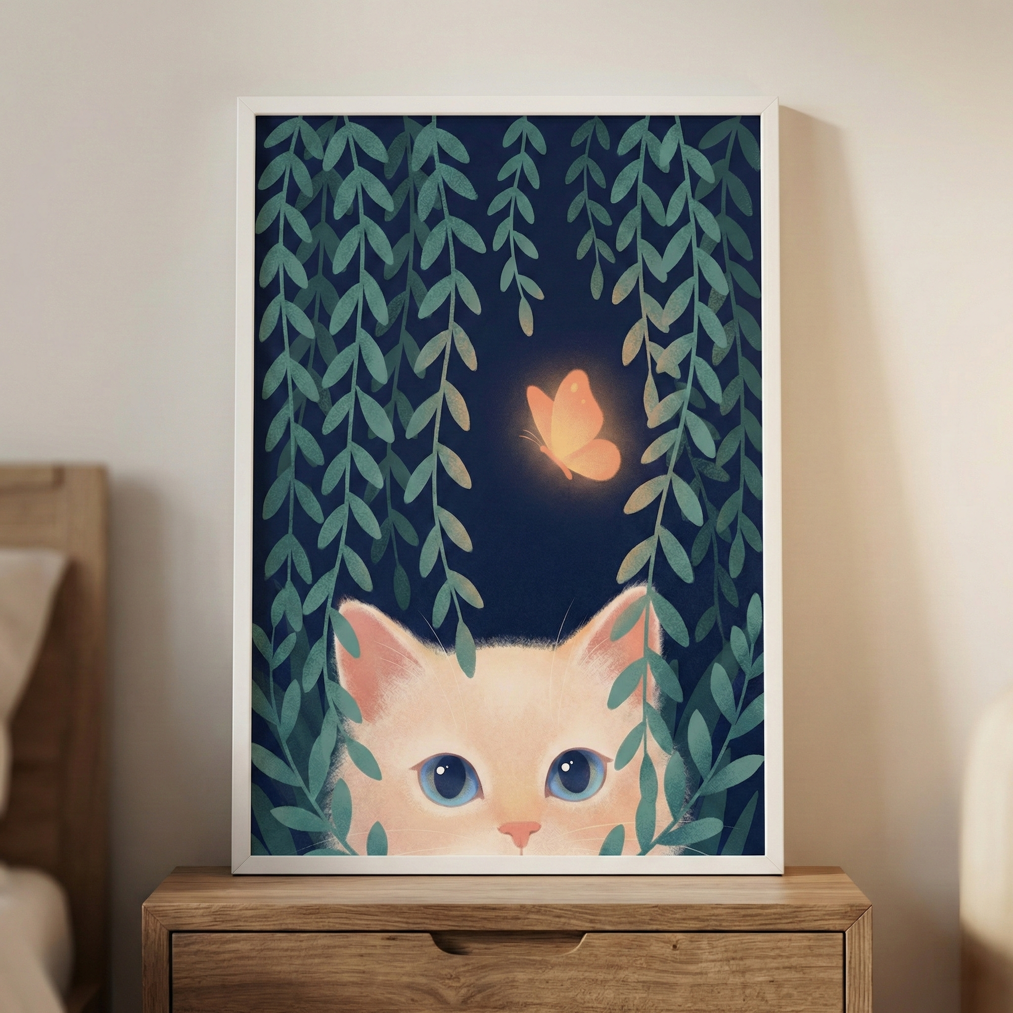 Framed nursery wall art of a wide eyed white kitten peeking up from the bottom of the print beneath hanging green leafy vines, gazing at a single glowing orange butterfly against a deep navy night sky. The whimsical illustration adds a soft, magical touch to a cozy child’s bedroom or nursery decor.