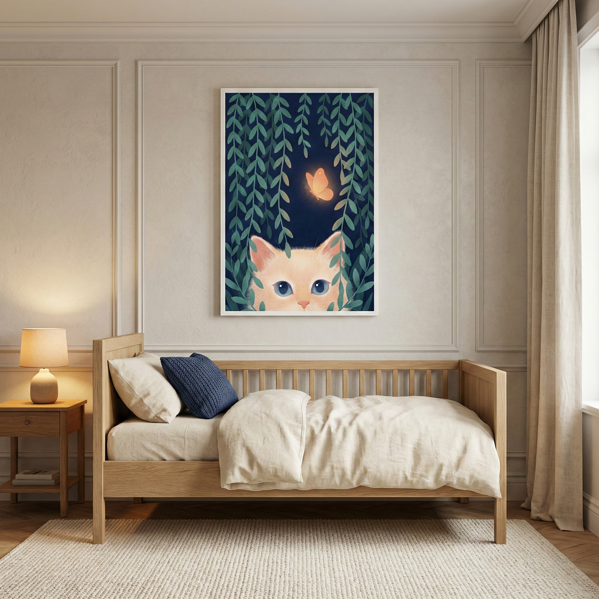 A framed piece of wall art hangs above a wooden daybed in a softly lit, neutral-toned bedroom. The artwork features a wide-eyed, orange kitten peeking through green vines towards a glowing butterfly against a dark blue background. The bed is dressed with a cream comforter and two pillows: one plain white and one textured navy blue. To the left is a matching wooden nightstand with a glowing lamp. Long, beige curtains frame the window to the right, and a light-colored rug covers the floor.