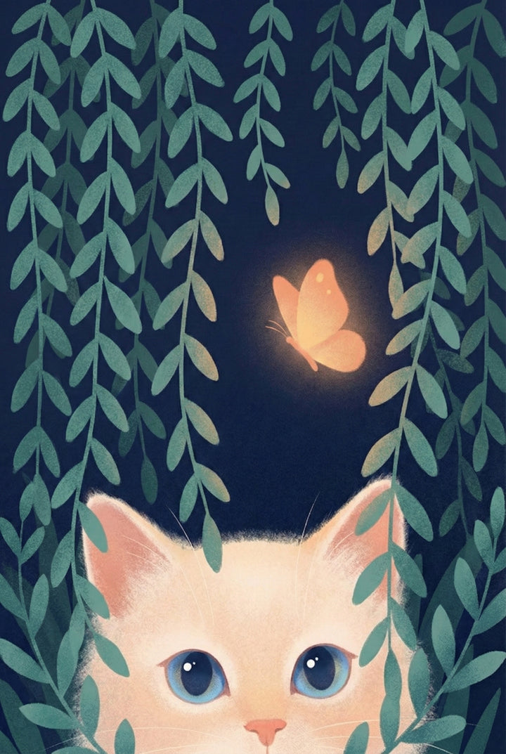 A digital illustration of a light cream-colored cat with large, expressive blue eyes peeking from the bottom of the frame. The cat is framed by long, cascading green vines with small, rounded leaves that hang down against a dark, night-sky blue background. In the center of the dark space, a delicate, glowing orange butterfly floats, casting a warm light. The style is soft and textured, creating a whimsical and magical atmosphere.