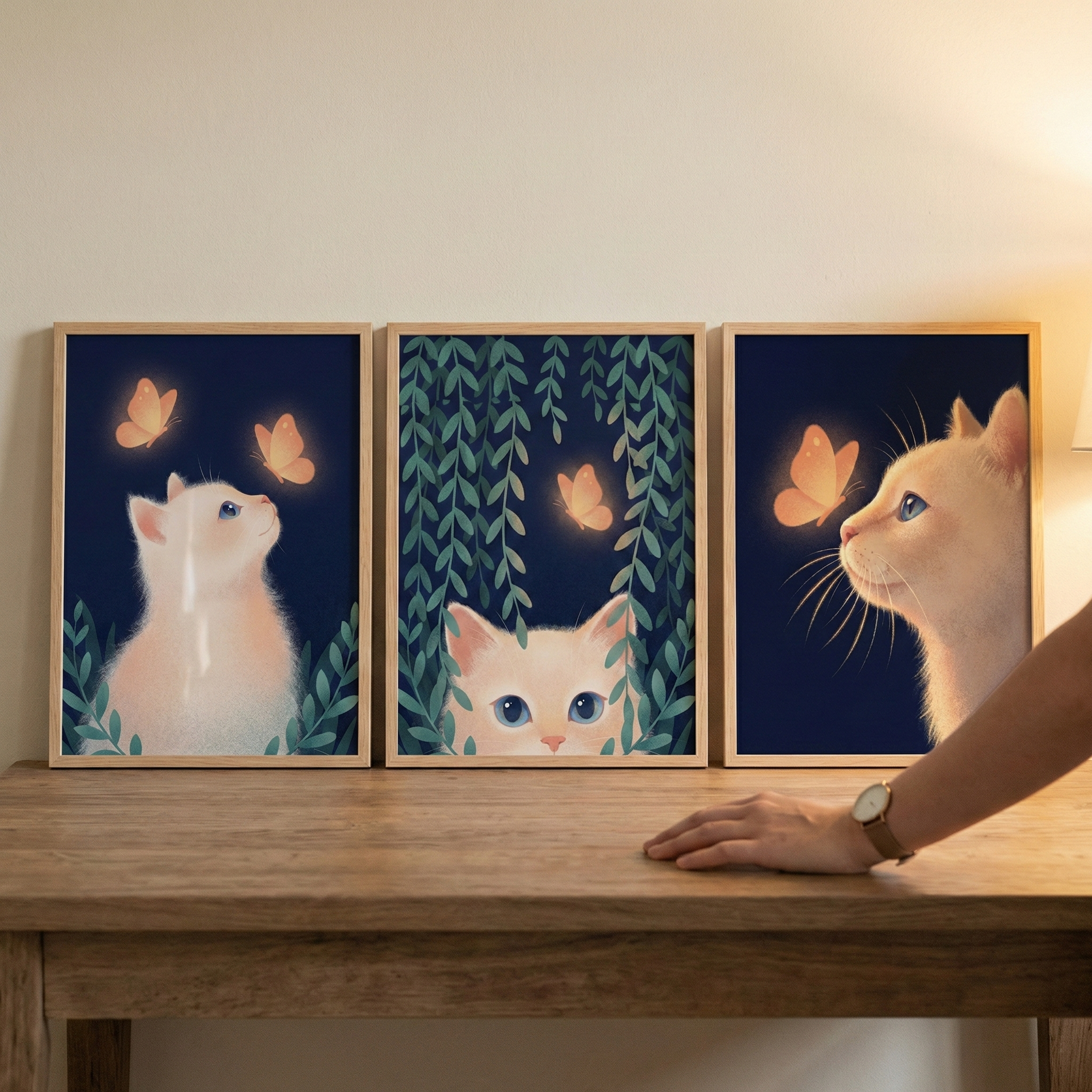 Three framed illustrations of a light-colored cat and glowing orange butterflies sit on a wooden table. Against dark blue backgrounds, the first shows a cat looking at butterflies, the second depicts it peeking through vines, and the third is a profile view. A person's hand with a watch rests on the table beside them. The scene is lit with warm light against a neutral wall.