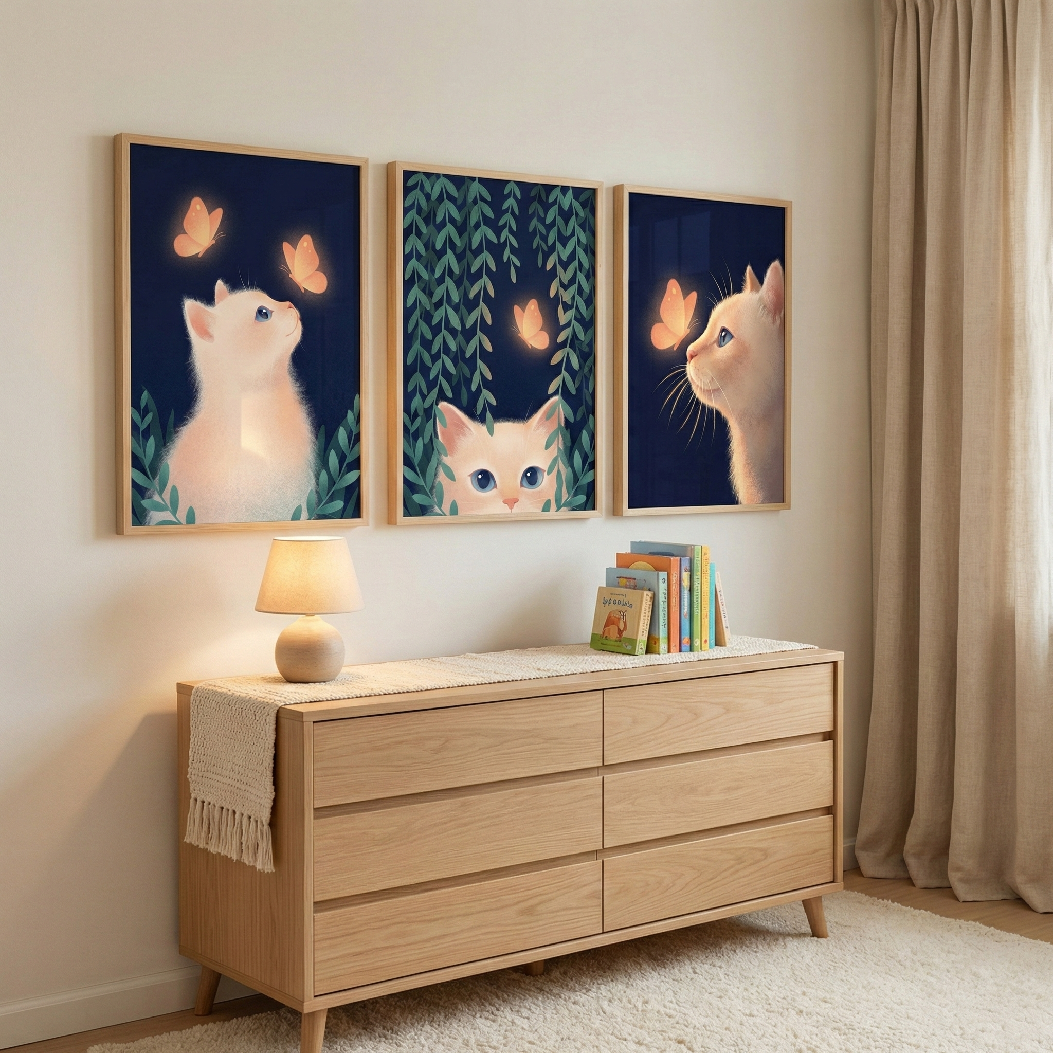 Whimsical Cat Print Set of 3 - Luminous Feline Night