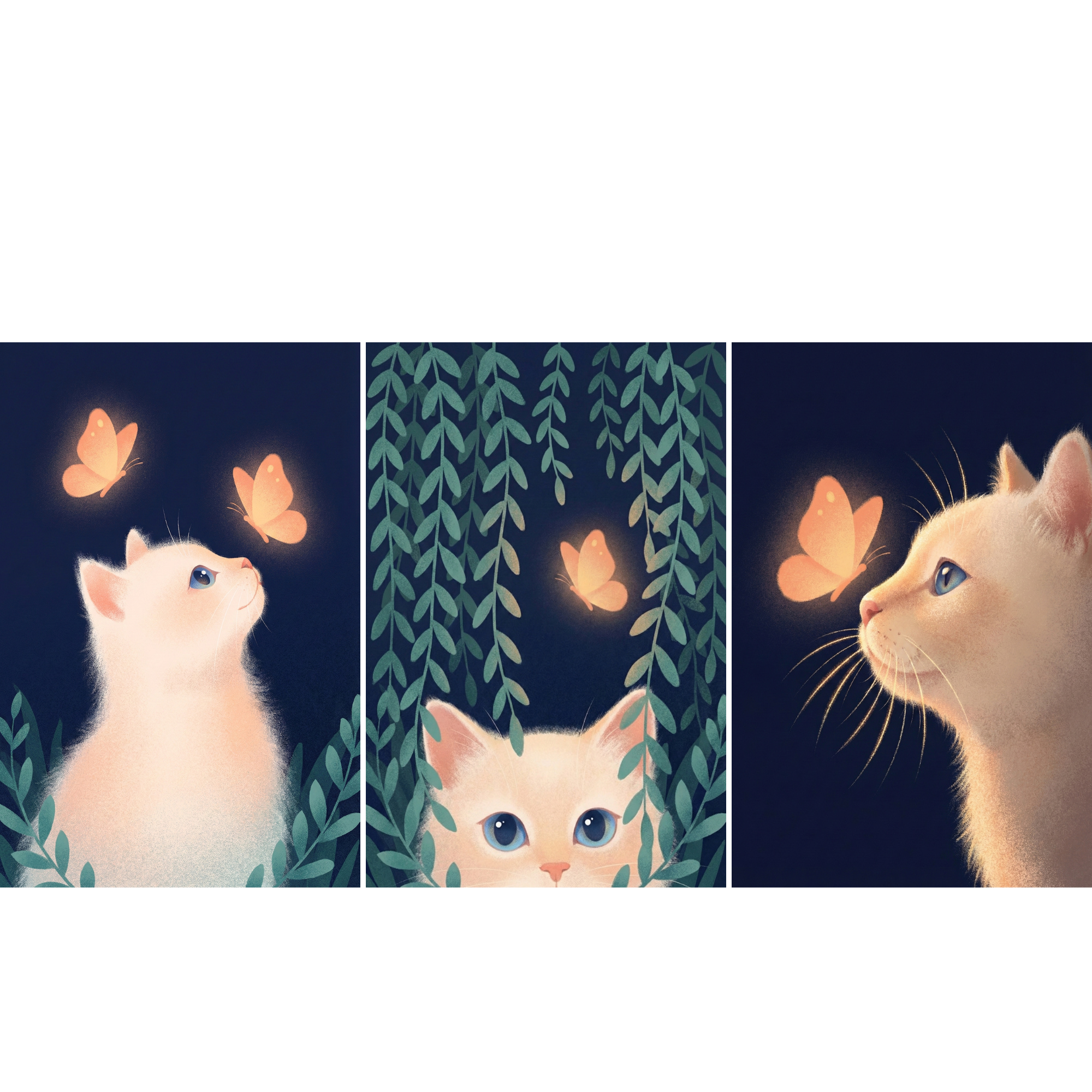 Three soft dreamy illustrations of a fluffy white kitten with bright blue eyes surrounded by glowing orange butterflies against a deep navy night sky. One image shows the kitten gazing up at two floating butterflies, another captures the kitten peeking through hanging green leaves with a butterfly glowing above, and the third features a close side profile as a luminous butterfly hovers near its nose. 