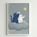 A textured digital illustration depicts two whimsical cats sitting on a fluffy grey cloud in a night sky. A dark-blue feline on the left peers through a small white telescope at a bright yellow star. To its right, a cheerful white cat smiles and points its paw toward the same star. The background is a muted grey with faint, hand-drawn star outlines. This artwork is displayed in a simple white frame against a clean white wall.