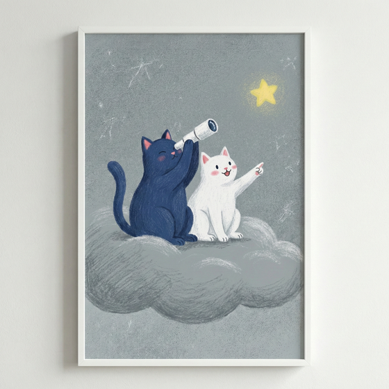 Whimsical Cat Wall Art - Celestial Cat Friends
