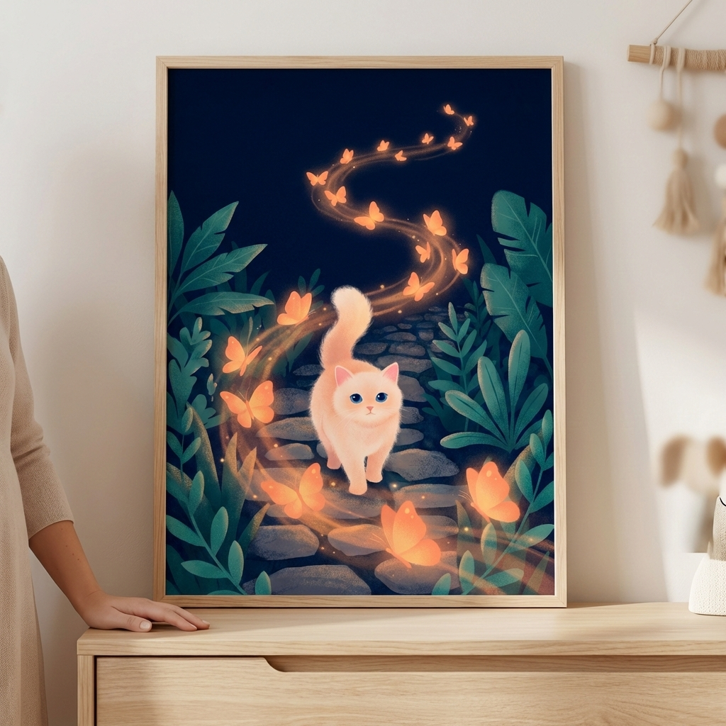 A framed vertical artwork depicts a fluffy, light orange cartoon cat walking down a grey stone path. A spiraling trail of glowing, ethereal orange butterflies swirls around the cat, illuminating the dark night scene. Lush green tropical leaves and plants frame the path. The wooden-framed piece is positioned on a light wooden surface next to a person's hand, while a decorative wall hanging is partially visible in the background.