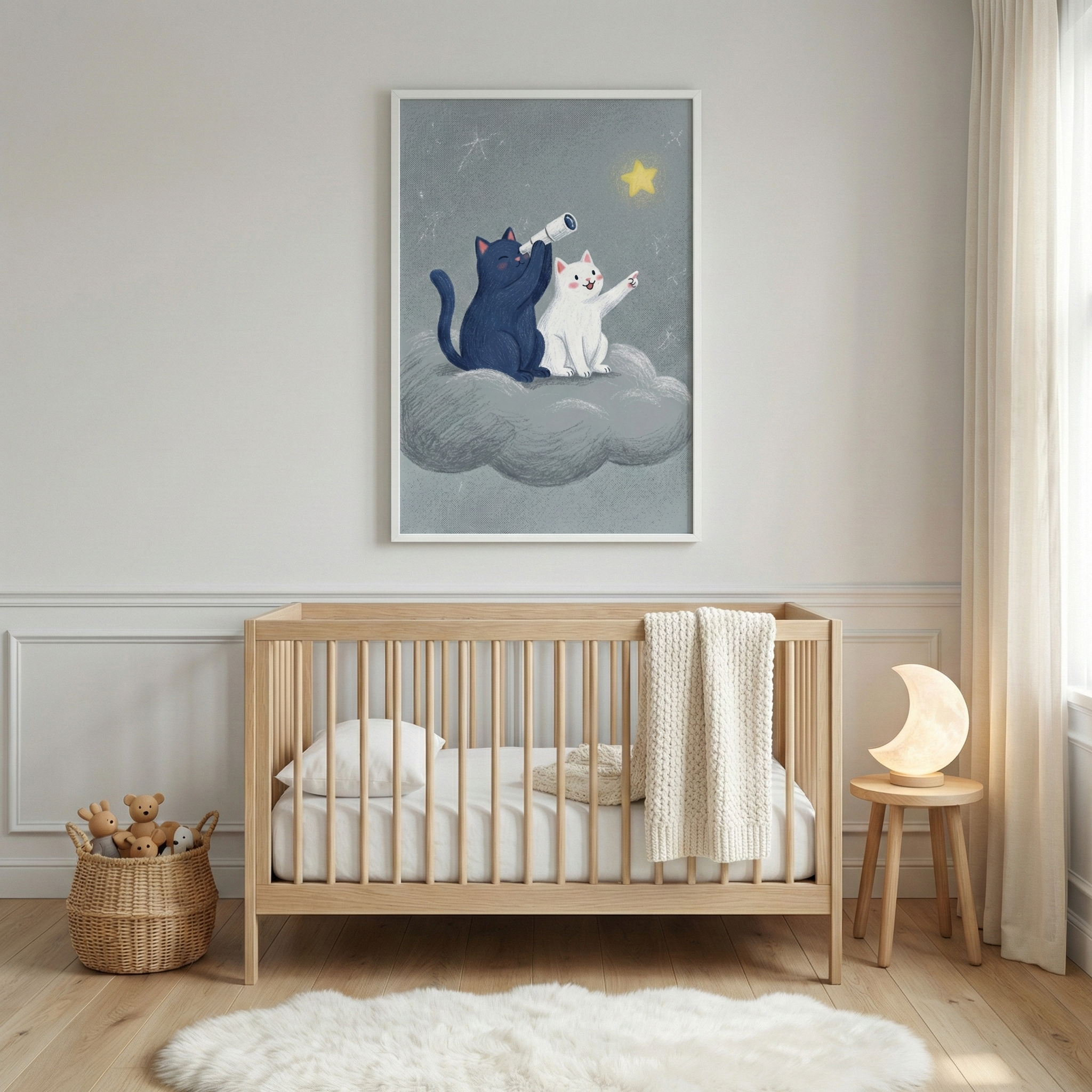 A serene nursery features a light-colored wooden crib centered against a neutral wall. Hanging above the crib is a white-framed illustration depicting a black cat and a white cat sitting together on a soft gray cloud under a starry sky. The black cat is looking through a telescope at a bright yellow star, while the white cat points towards it. Inside the crib is white bedding and a chunky, cream-colored knit blanket. To the left, a woven basket holds several plush teddy bears. 