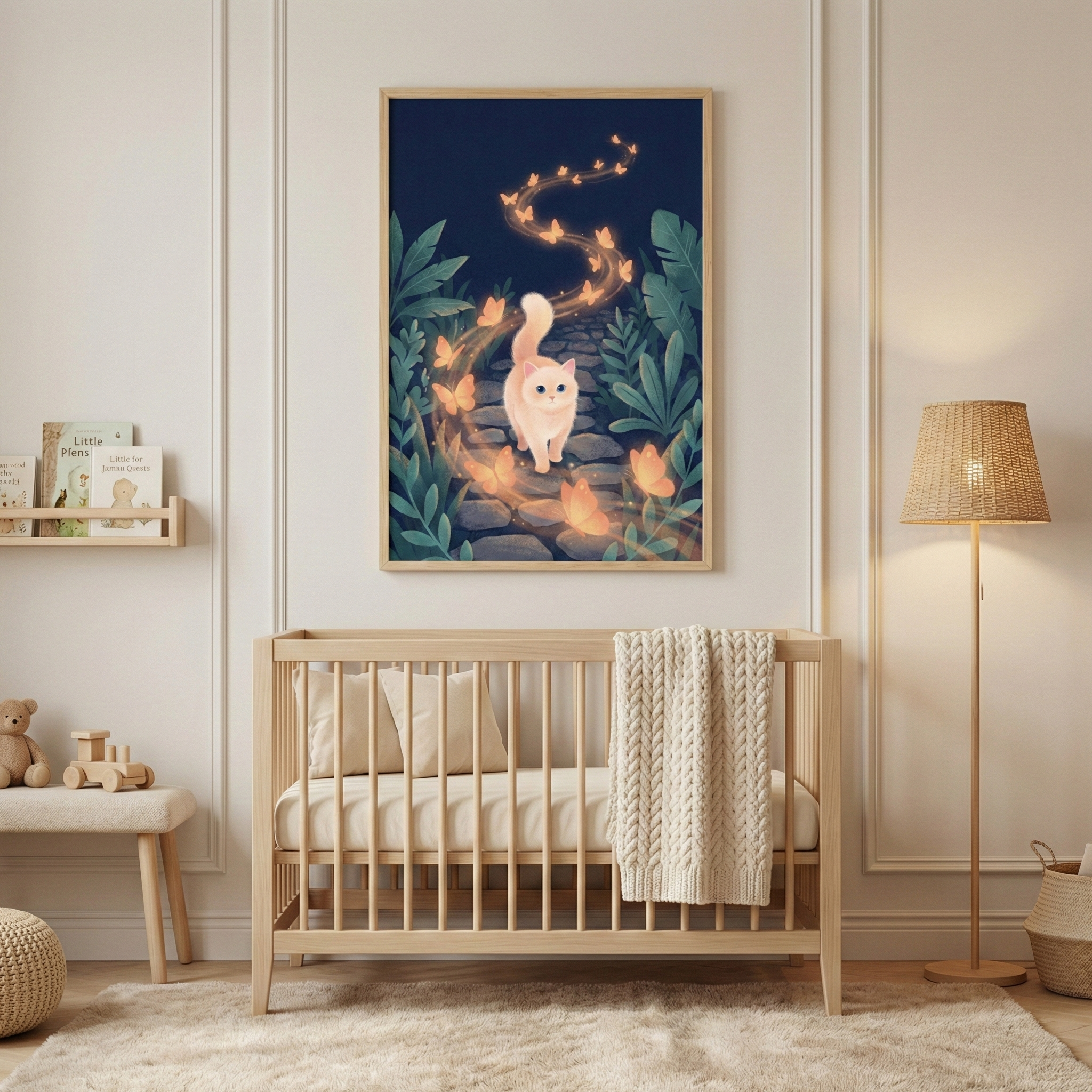A light-colored wooden crib is centered against a wall with classic molding in a neutral-toned nursery. Above the crib hangs a framed illustration of a small white cat walking on a stone path through a dark forest, surrounded by a swirling trail of glowing orange butterflies. To the left, a small shelf holds books, and a stool below it has a toy train and a teddy bear. A floor lamp with a woven shade stands to the right, and a soft, shaggy rug covers the floor.