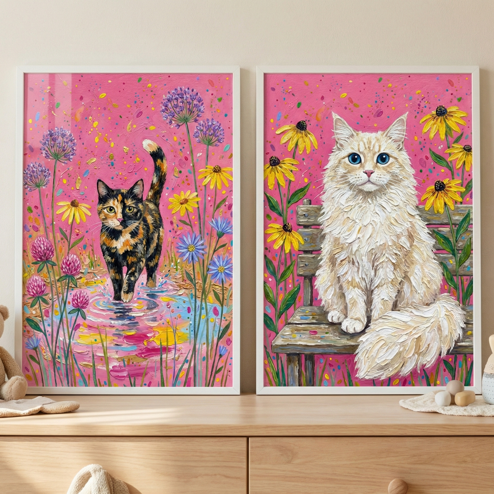 Two vertical, white-framed art pieces are showcased side-by-side on a light wood surface. Both illustrations are created with a heavy impasto technique, showing thick, raised strokes of color on a vibrant, speckled pink background. The artwork on the left features a short-haired tortoiseshell cat with black and orange markings, standing in a shallow, reflective pool. Its tail is raised and slightly curled. 