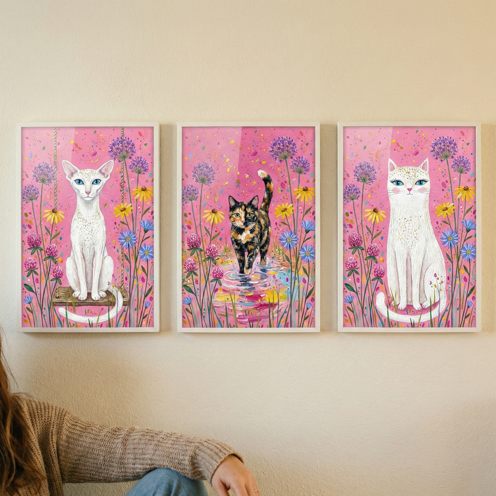 Pink Cat Wall Art Set of 3 - Whimsical Garden Felines