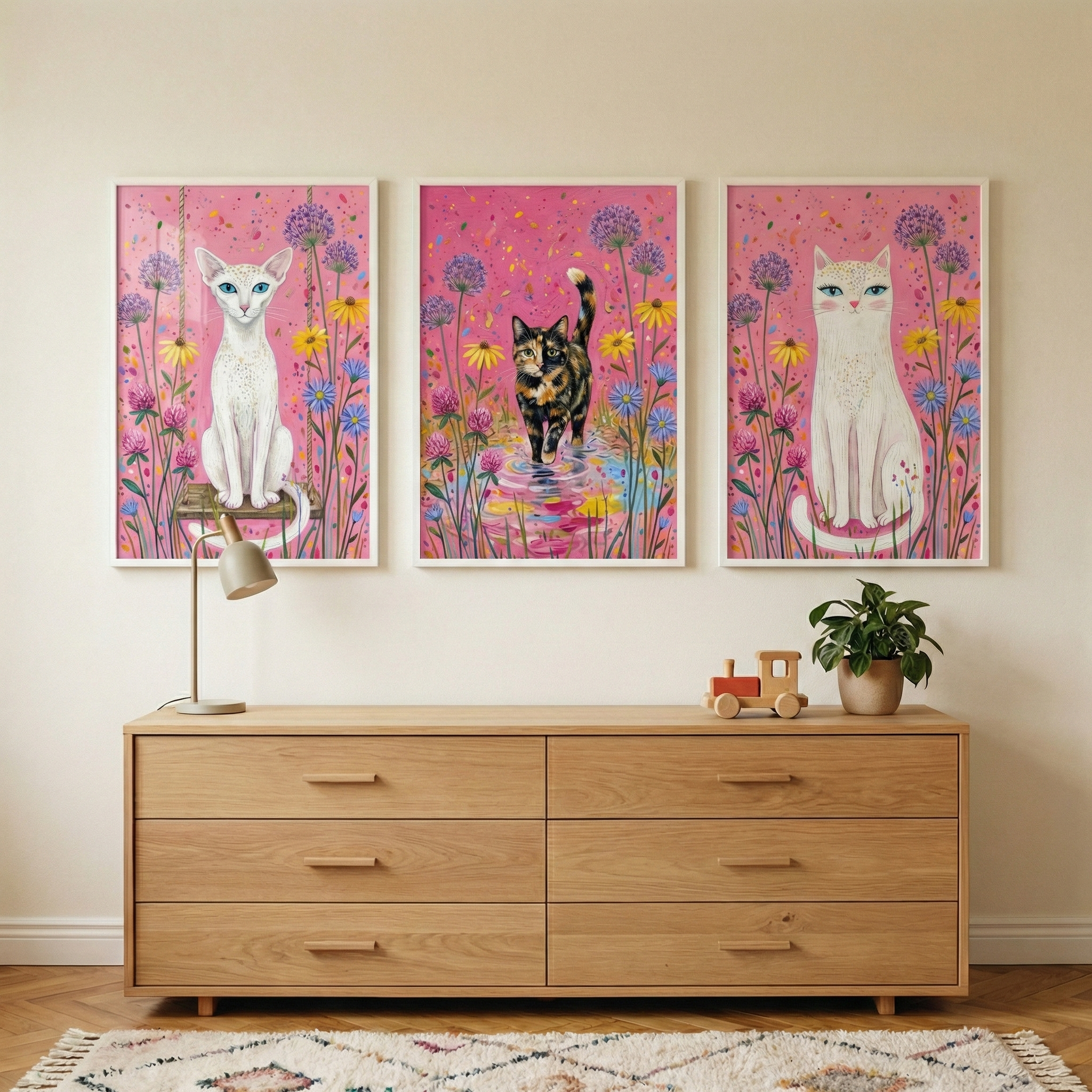 Pink Cat Wall Art Set of 3 - Whimsical Garden Felines