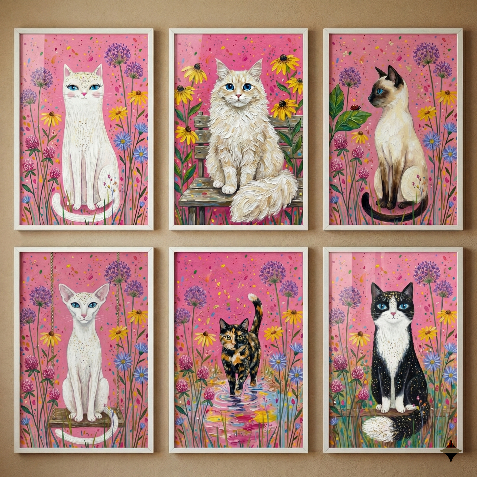 Six framed cat paintings hang in two rows on a beige wall. Each print has a bright pink background with colorful flowers and shows a different cat, including white, fluffy cream, Siamese, slender white, tortoiseshell, and black and white cats.