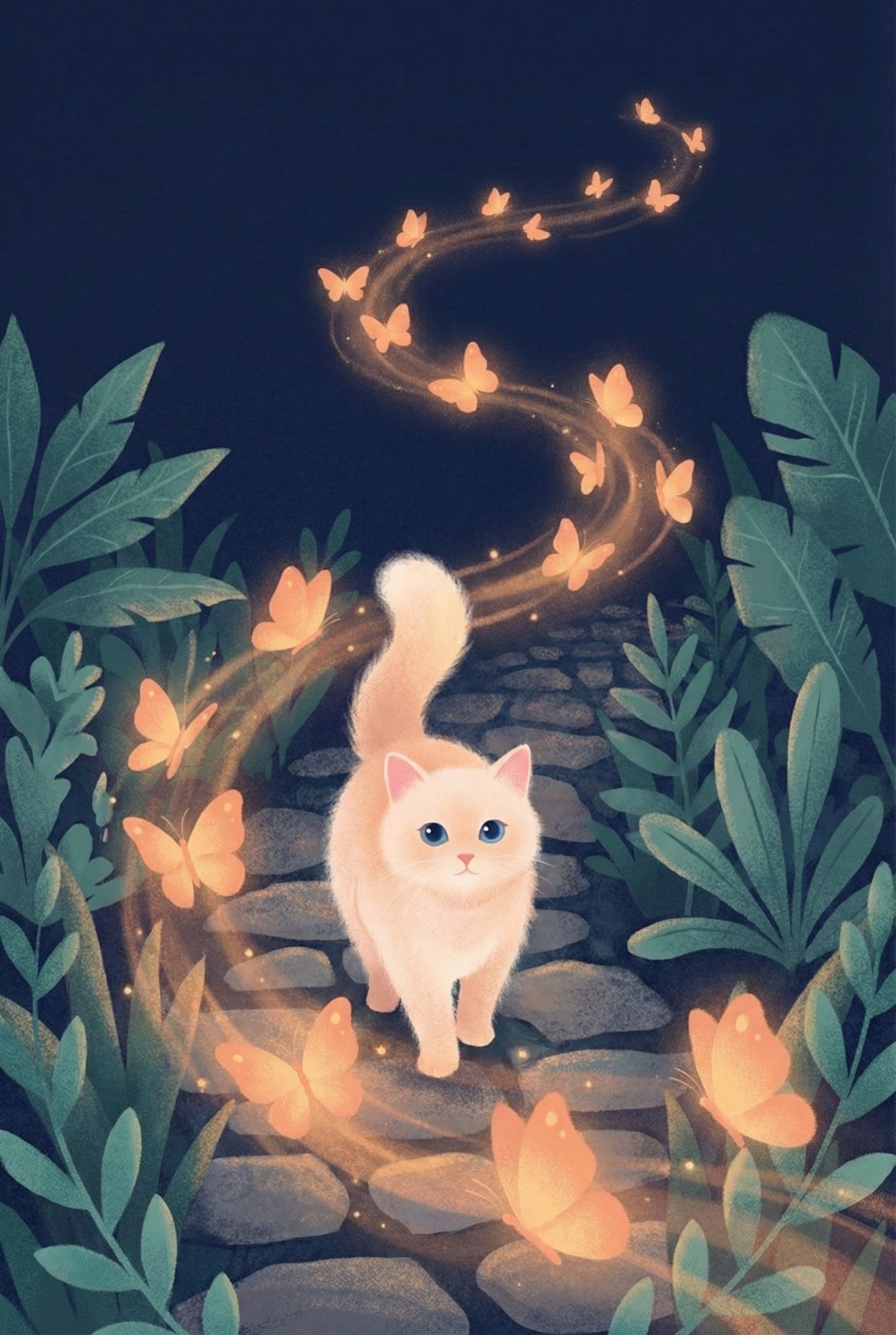 A vertical digital illustration of a fluffy, light-orange kitten with big blue eyes walking down a stone path at night. Glowing, translucent orange butterflies swirl around the kitten in a magical, luminous spiral, casting a warm light. The path is bordered by stylized green foliage and large leaves. The dark background emphasizes the bright, enchanting trail of butterflies and the soft texture of the cat's fur, creating a serene and magical atmosphere.