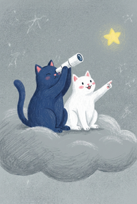 Illustration of a blue cat holding a small telescope while a white cat points toward a glowing yellow star. They sit together on a soft cloud beneath a pale night sky filled with faint constellations.

