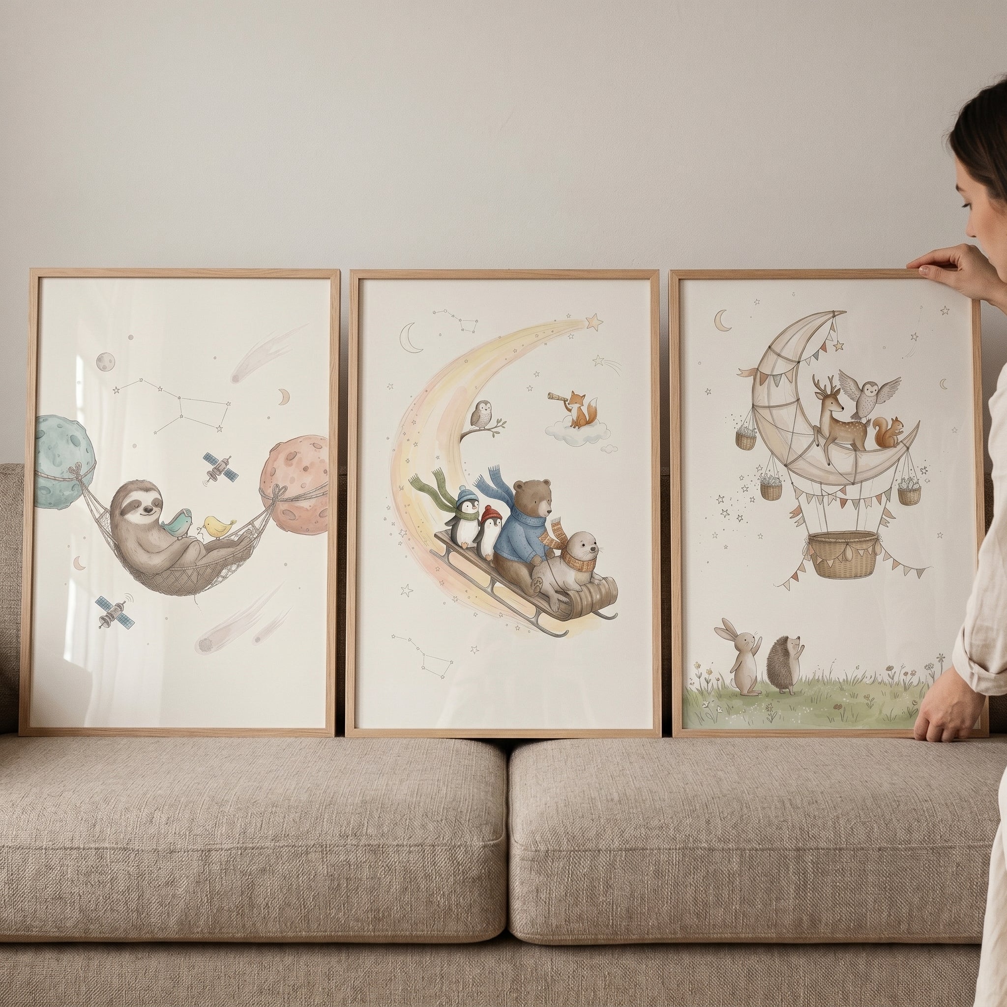 Whimsical Celestial Forest Animals Wall Art Set of 3 - Whimsical Space Animals
