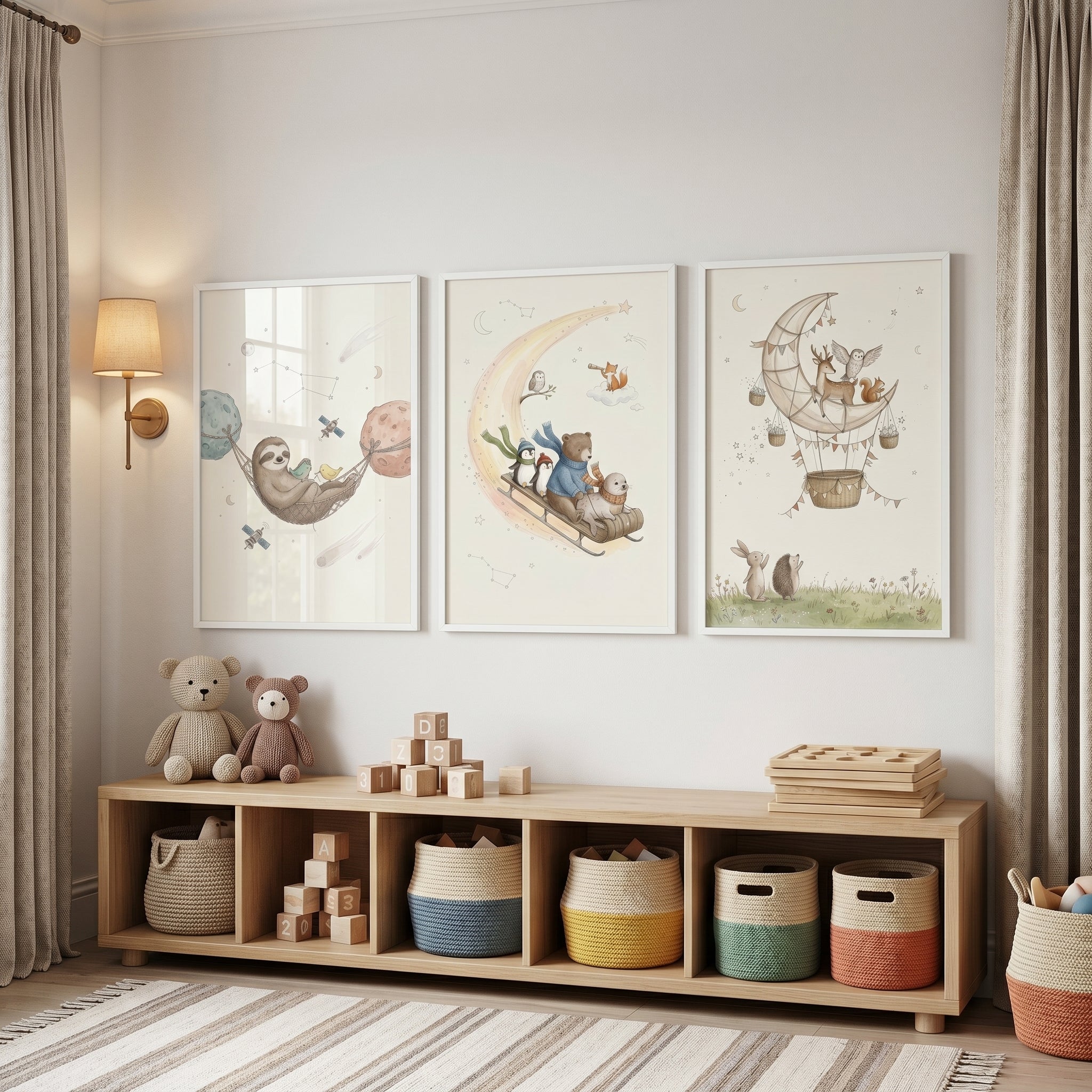 Whimsical Celestial Forest Animals Wall Art Set of 3 - Whimsical Space Animals