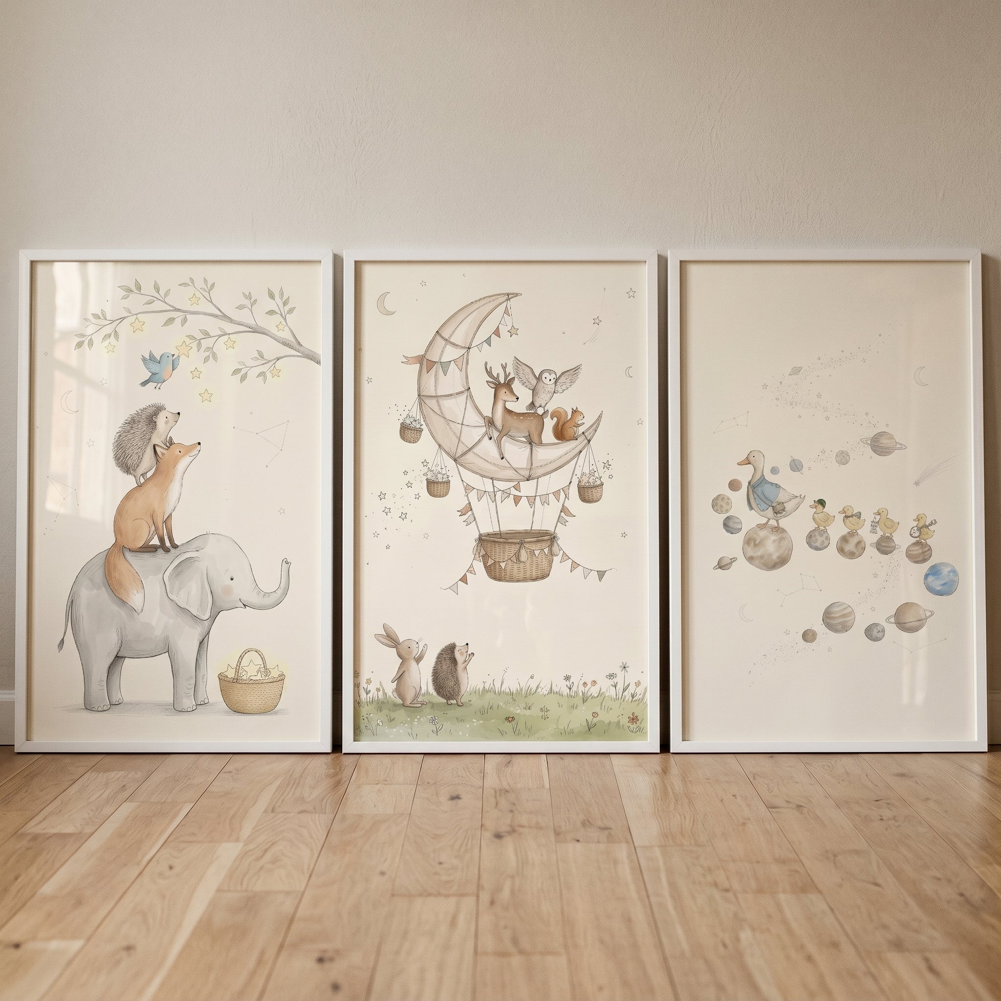 Whimsical Celestial Journey Animals Wall Art Set of 3 - Whimsical Animal Dreams